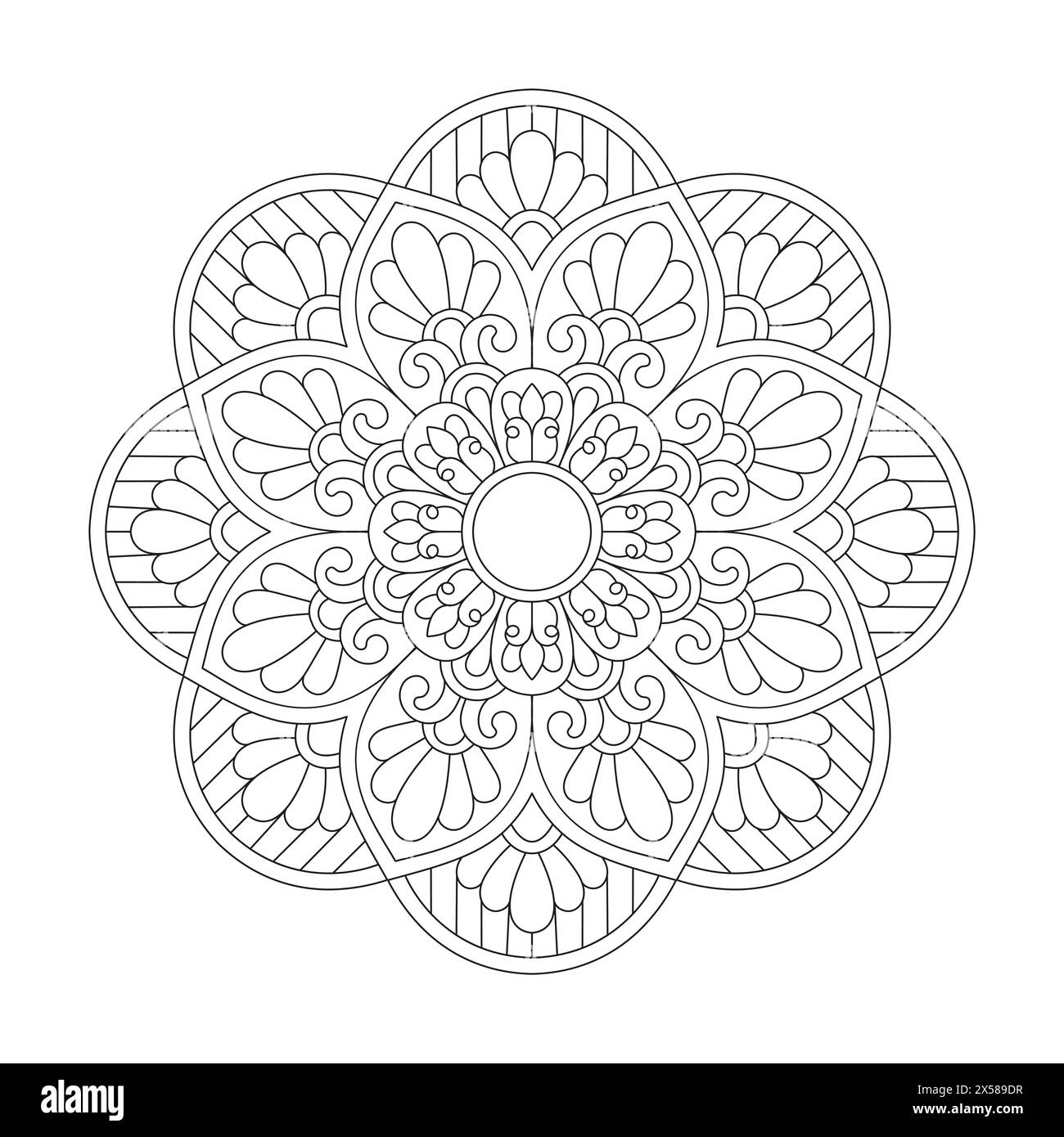 Entzückendes Design Mandala Malbuch Seite für kdp Book Interior. Friedliche Blütenblätter, Fähigkeit zum Entspannen, Gehirnerlebnisse, harmonischer Hafen, friedlich Stock Vektor