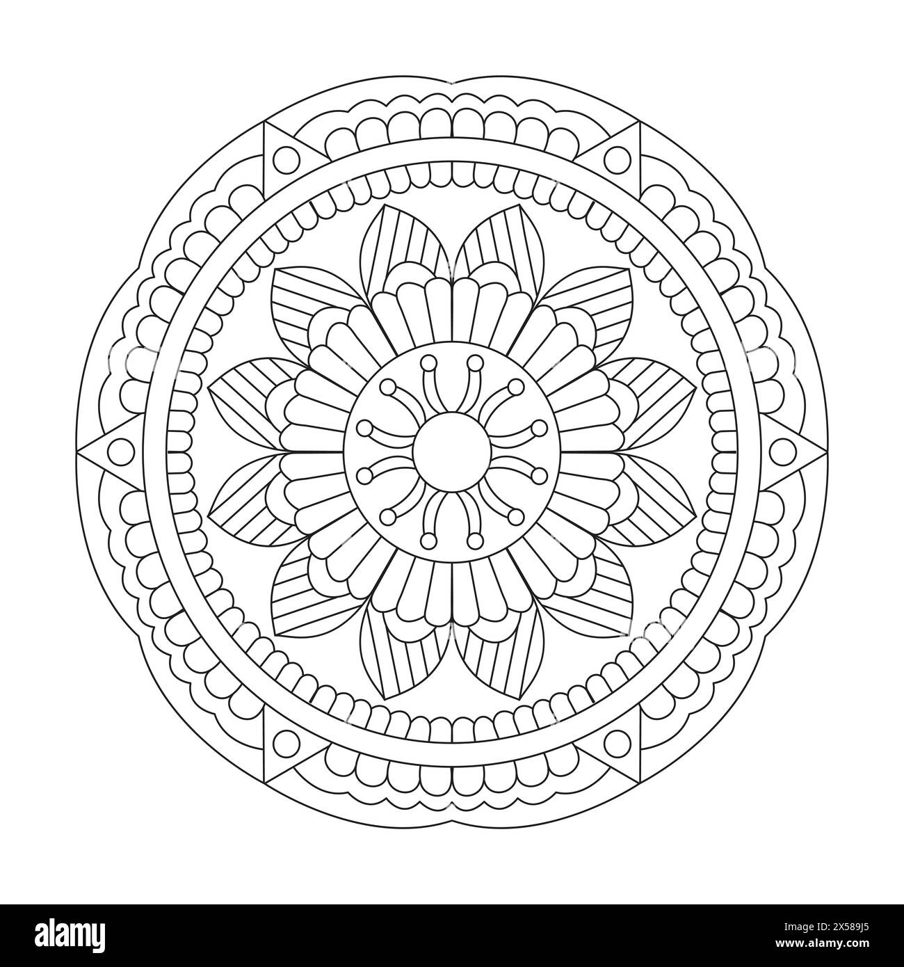 Spirituelle Pracht Mandala Malbuchseite für kdp Book Interior. Friedliche Blütenblätter, Fähigkeit zum Entspannen, Gehirnerlebnisse, harmonischer Hafen, friedlich Stock Vektor