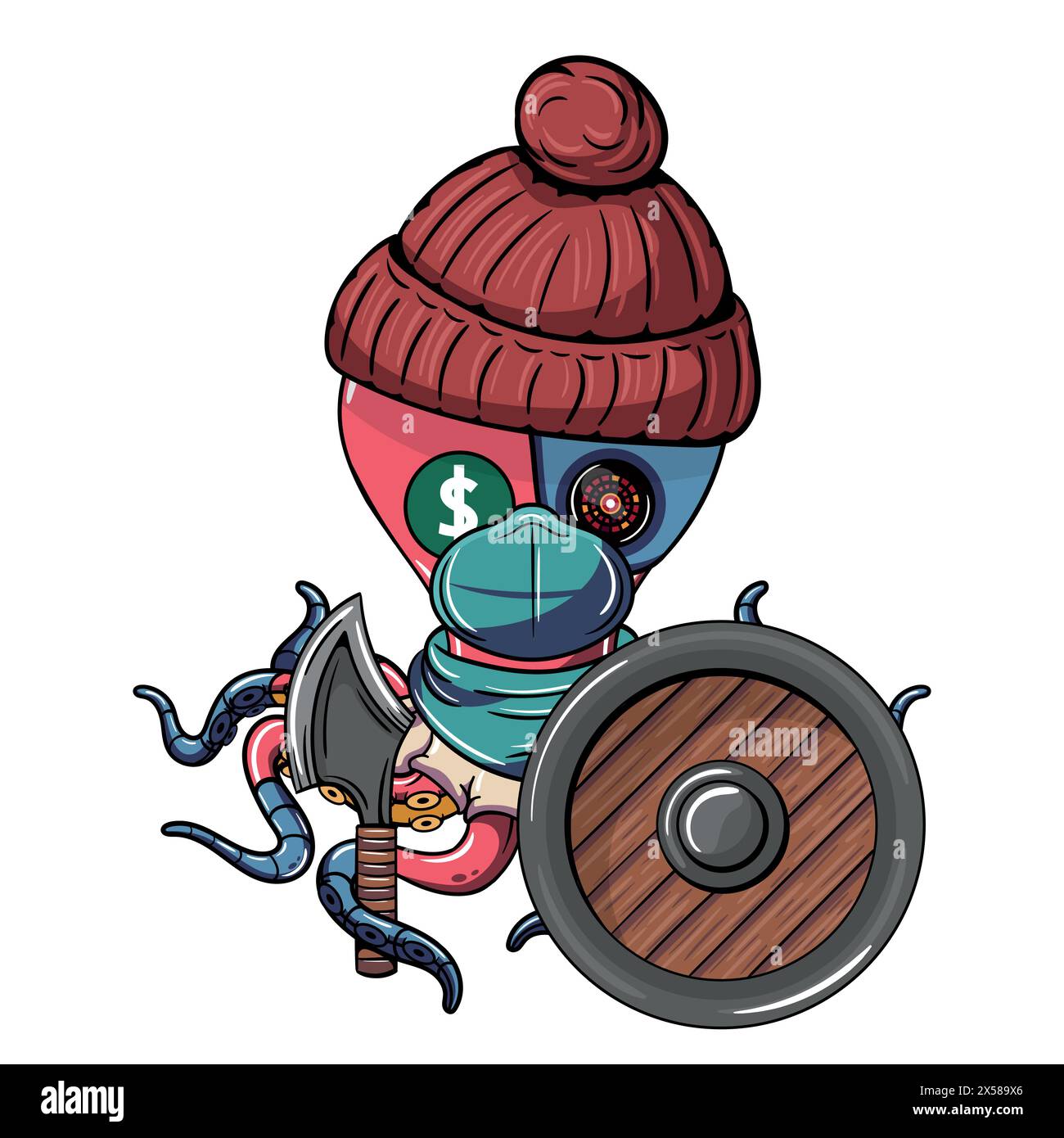 Octopus Comic Cyborg mit einer roten Wollmütze mit Gesichtsmaske, einer Axt und einem Schild auf seinem robotischen Tentakel. Illustration für Fantasy, Science Fict Stock Vektor