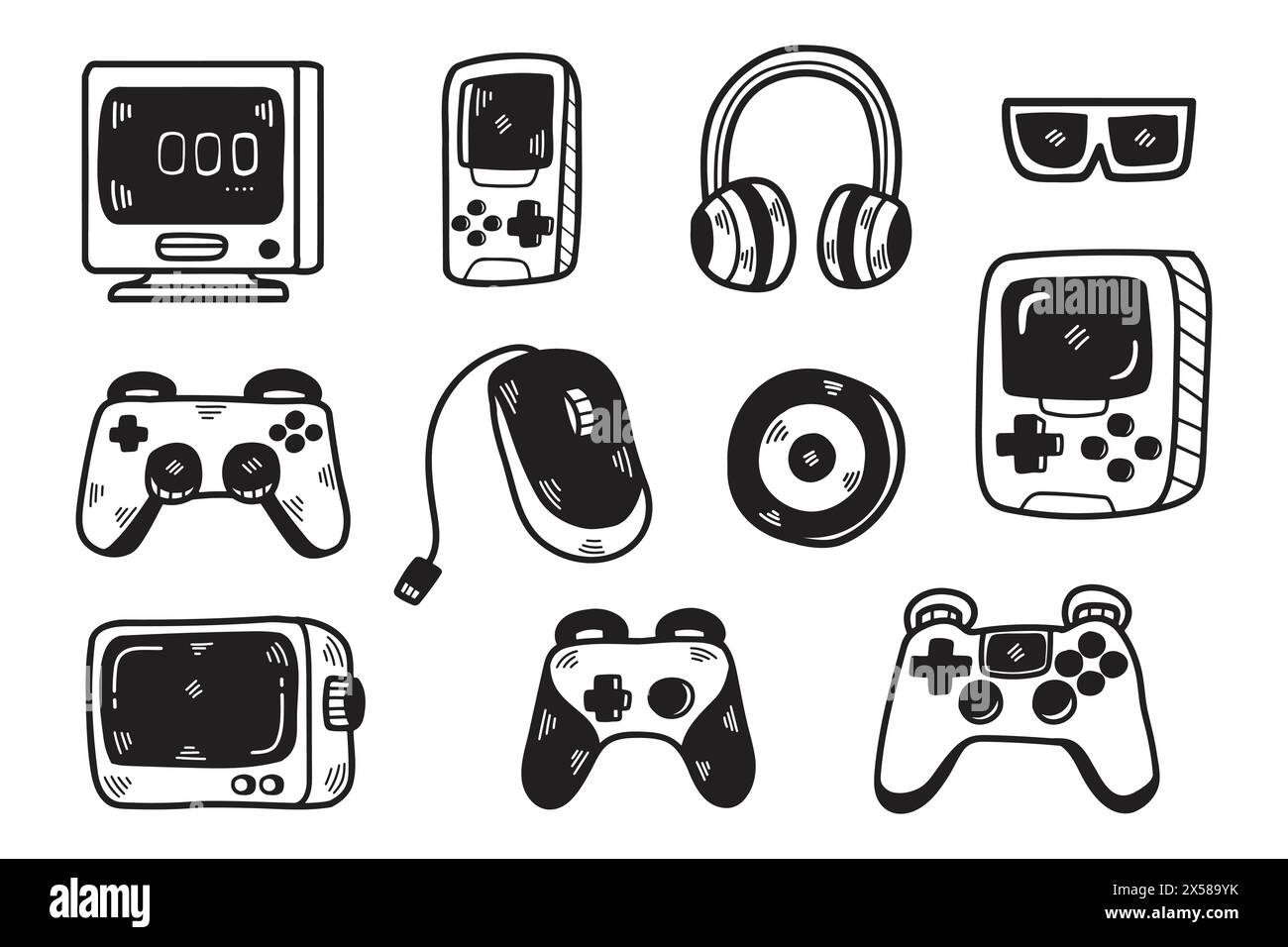 Eine Sammlung von Controllern und Zubehör für Videospiele. Zu den Controllern gehören eine Wii-Fernbedienung, ein Nintendo GameCube-Controller und ein Nintendo Wii Nunch Stock Vektor