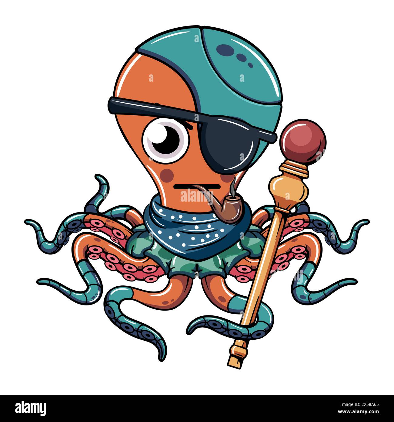 Cartoon Comic-Figur Cyborg Krake mit Piratenfleck raucht eine Pfeife mit einem Zepter. Illustration für Fantasy, Science Fiction und Adventure Comics Stock Vektor