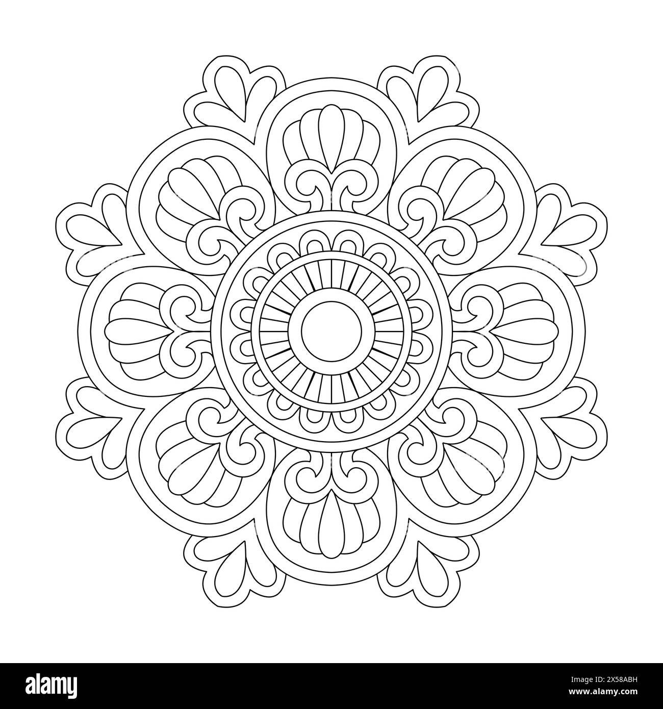 Tranquil Territories Mandala Malbuch Seite für KDP Book Interior. Friedliche Blütenblätter, Fähigkeit zum Entspannen, Gehirnerlebnisse, harmonischer Hafen, friedlich Stock Vektor