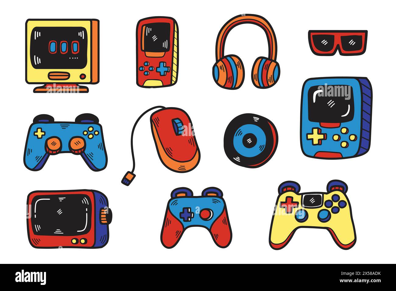 Eine Sammlung von Controllern und Zubehör für Videospiele. Zu den Controllern gehören eine Wii-Fernbedienung, ein Nintendo GameCube-Controller und ein Nintendo Wii Nunch Stock Vektor