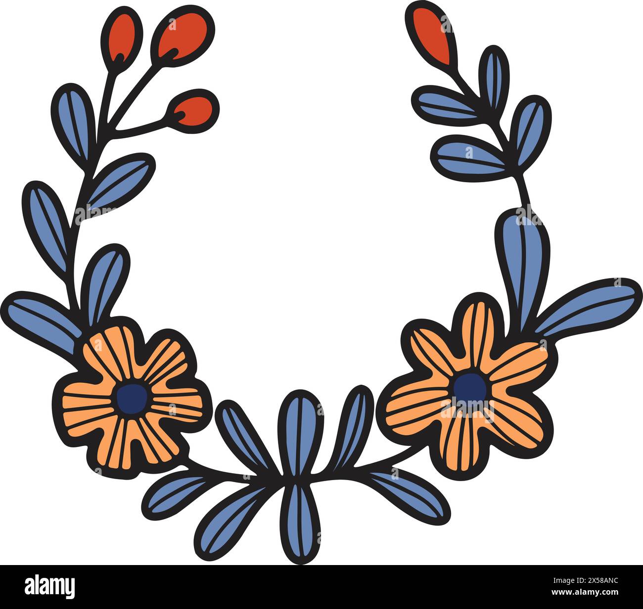Eine schwarz-weiße Zeichnung eines Blattzweigs mit Blumen. Die Blüten sind klein und zart, die Blätter sind groß und belaubt Stock Vektor