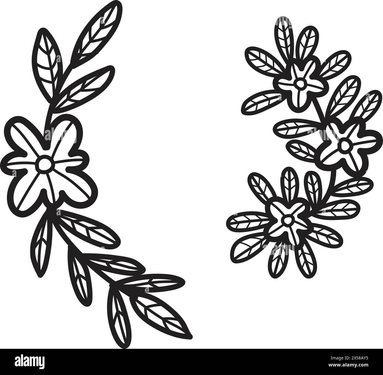 Eine schwarz-weiße Zeichnung eines Blattzweigs mit Blumen. Die Blüten sind klein und zart, die Blätter sind groß und belaubt Stock Vektor