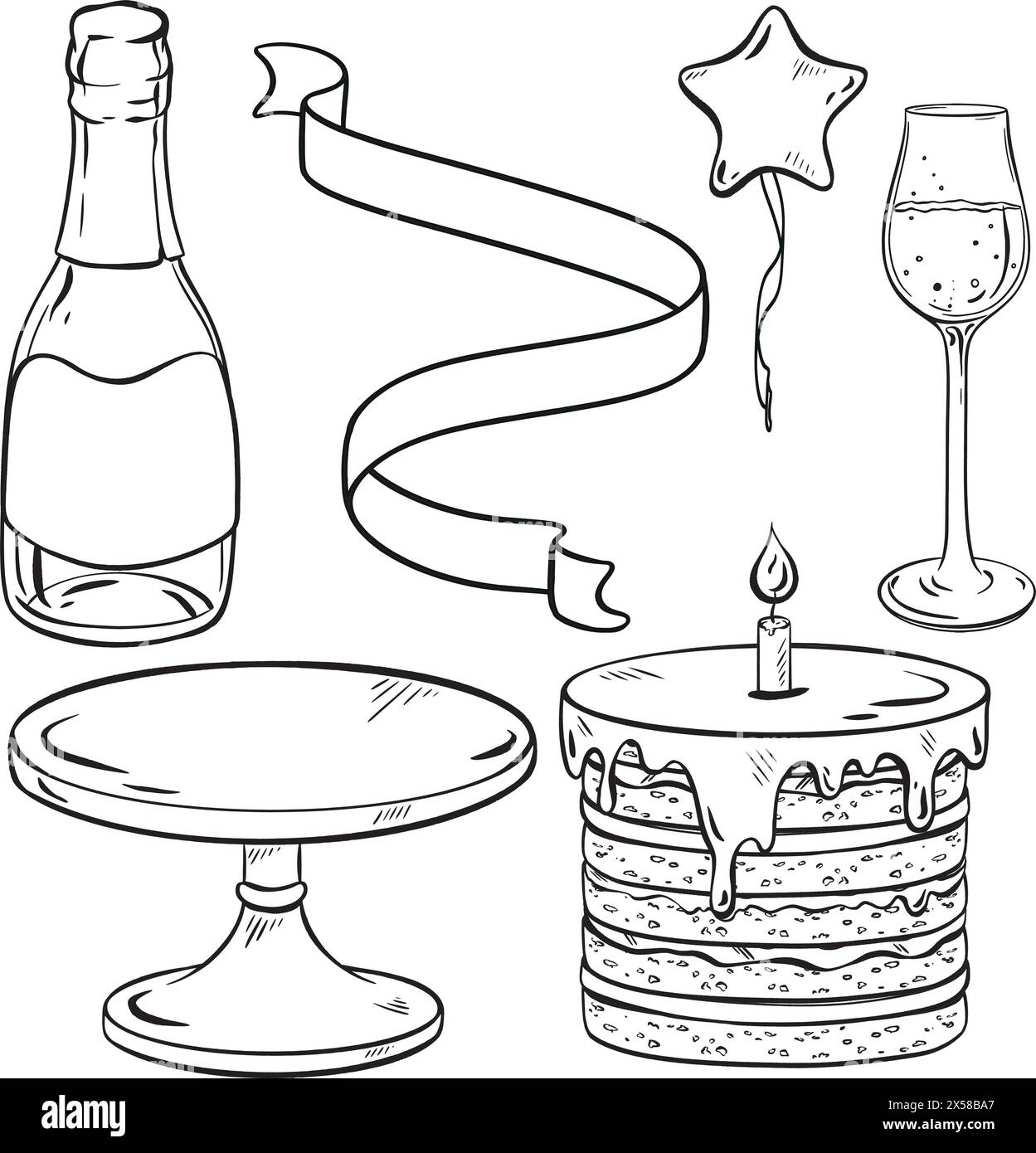 Schwarzweiß-Zeichnung von Trinkgeschirr, Flaschenverschluss, Glas, Kuchen mit Glitzern Stock Vektor