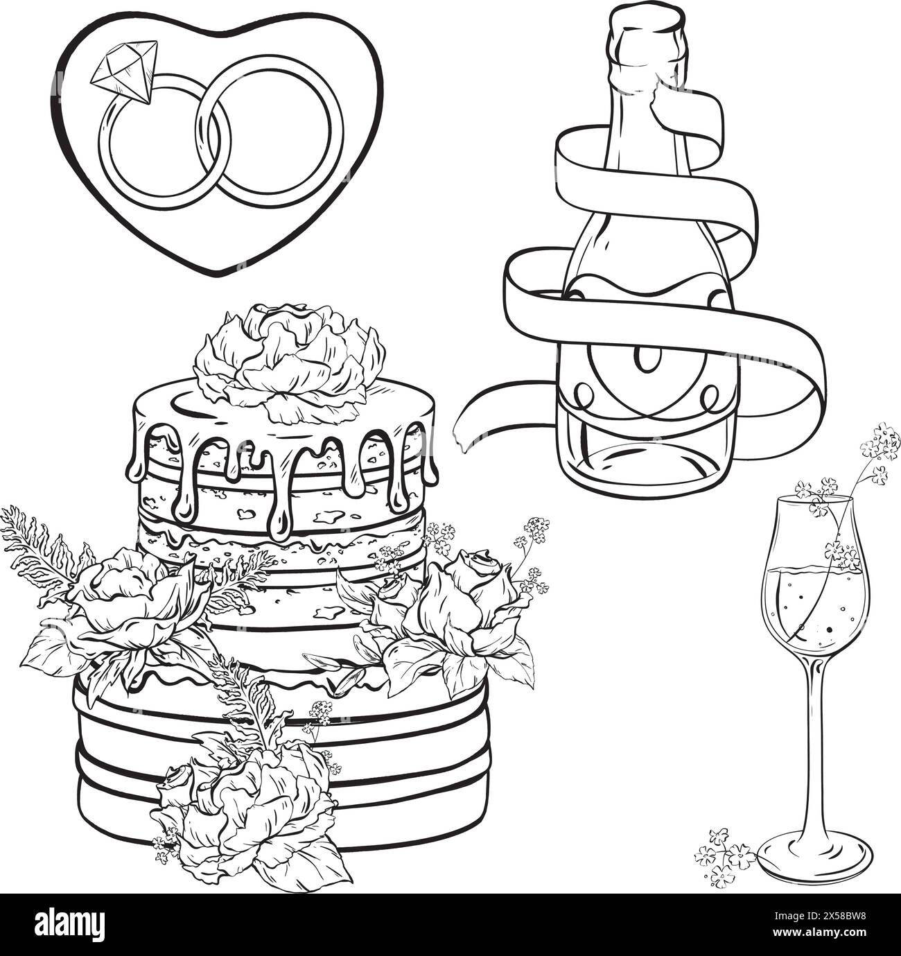Eine monochrome Zeichnung mit Trinkgeschirr, Hochzeitstorte und Ringen Stock Vektor