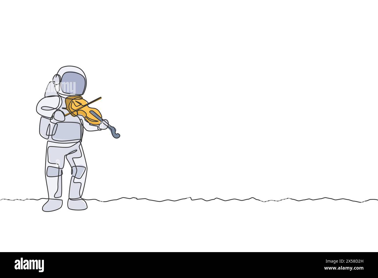 Eine einzeilige Zeichnung eines Raumfahrers, der Violinmusikinstrument spielt, in einer grafischen Illustration des Vektors im tiefen Raum. Poster für Musikkonzerte mit Space Astro Stock Vektor