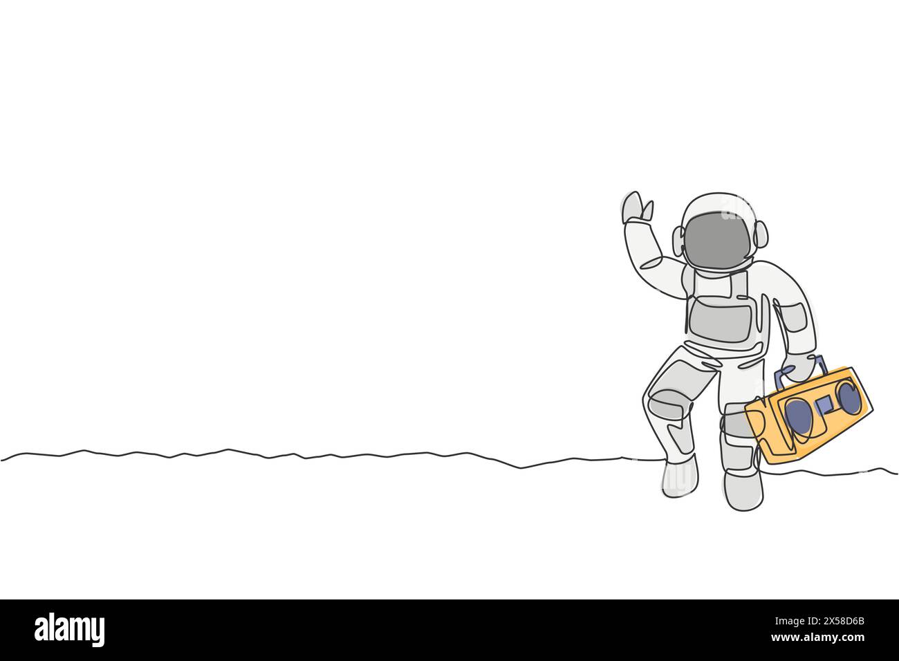 Einzelne durchgehende Linienzeichnung eines Astronauten, der Retro-Funkgerät mit Hand auf Mondoberfläche hält. Weltraummusik-Konzertkonzept. Trendig ein l Stock Vektor