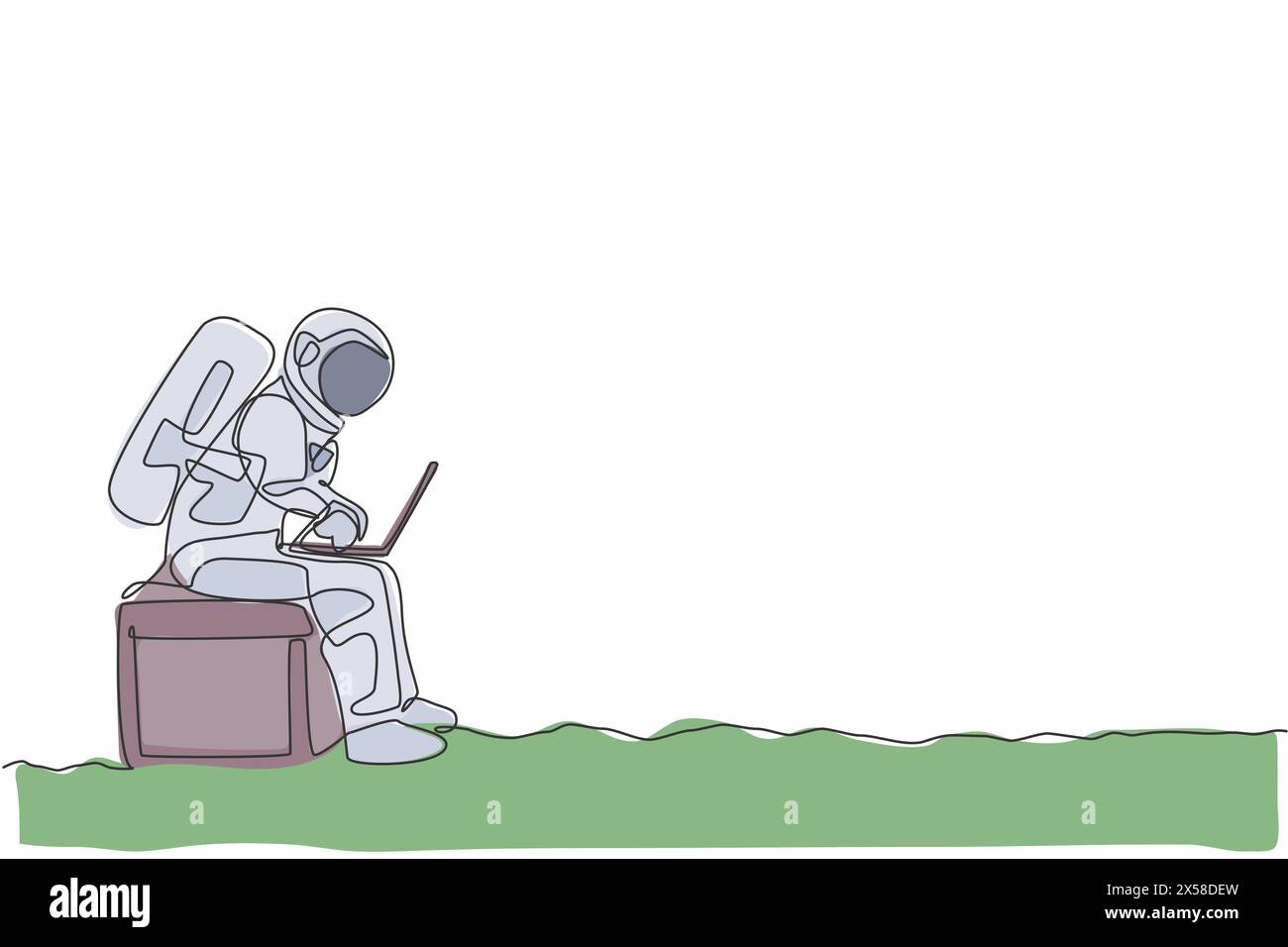 Eine durchgehende Linienzeichnung auf dem Raumanzug, der auf dem Stuhl sitzt, während er in den Laptop tippt. Astronaut-Geschäftsbüro mit Tiefenraumkonzept. Dynamische s Stock Vektor