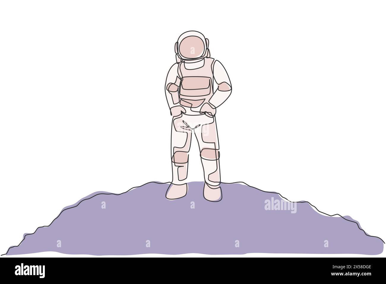 Eine durchgehende Linienzeichnung eines jungen Raumfahrers auf Raumanzug legte Hände in Taschen in die Mondoberfläche. Astronaut-Geschäftsbüro mit Tiefenraumkonzept. Dy Stock Vektor