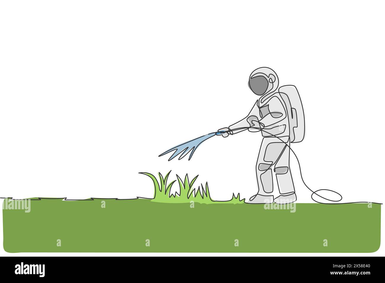 Eine durchgehende Linienzeichnung des Kosmonauten, der grünes Gras mit einem Metallkunststoffschlauch in der Mondoberfläche bewässert. Galaxy Astronaut Farming Life Concept. Trendig Stock Vektor