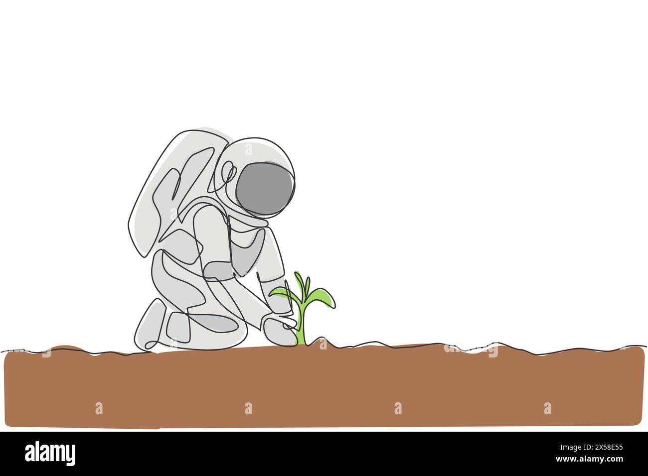 Eine durchgehende Linienzeichnung eines Raumfahrers, der neue Baumsamen vorsichtig in die Mondoberfläche pflanzt. Astronautenkonzept für die Tiefraumlandwirtschaft. Dynamischer Single Stock Vektor