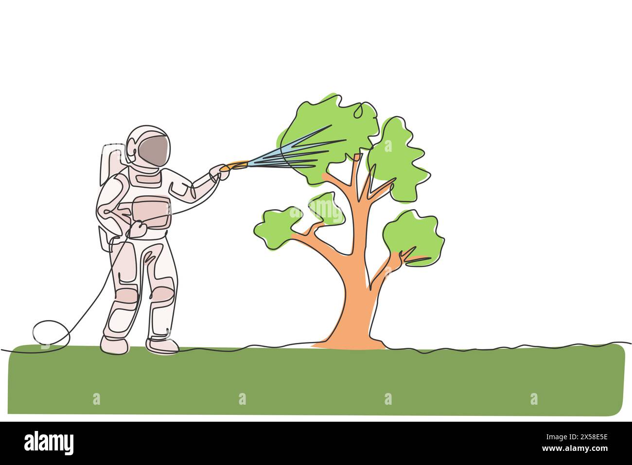Eine durchgehende Linienzeichnung eines Raumfahrers, der einen Pflanzenbaum mit Metallschlauch in der Mondoberfläche bewässert. Astronautenkonzept für die Tiefraumlandwirtschaft. Dynamisches Si Stock Vektor