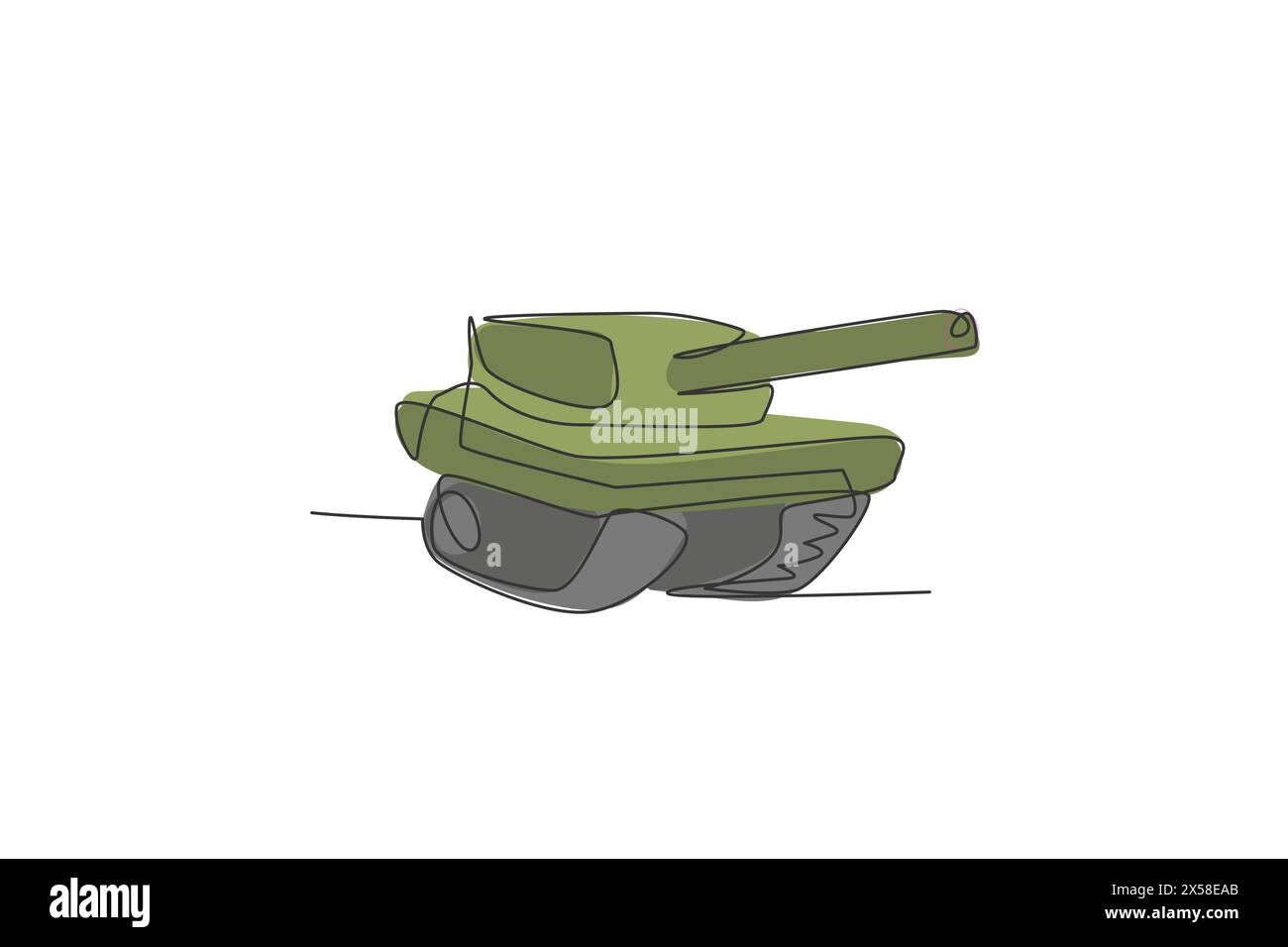 Eine durchgehende Linienzeichnung aus einem Metallpanzer mit Kanonenpistole. Transportfahrzeugkonzept. Grafische Vektorillustra mit dynamischem, einzeiligem Zeichnen Stock Vektor