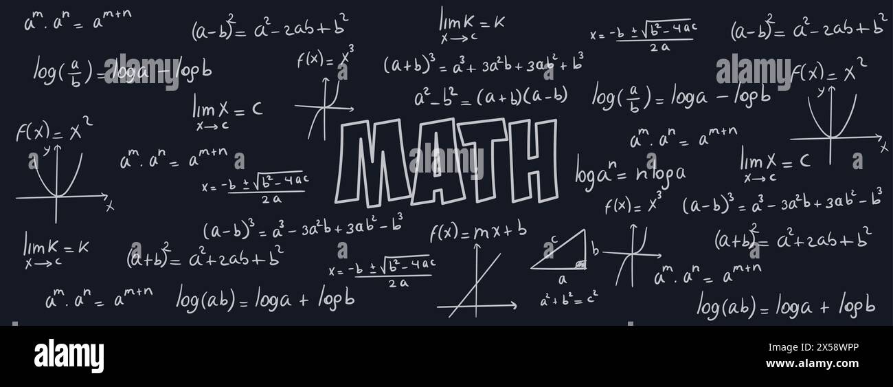 Mathematische Übungen, Formeln und Gleichungen für Kalkül, Algebra mit schwarzem Hintergrund. Schulnotizen, Funktionen, Potenzierung, Logarithmen, Stock Vektor