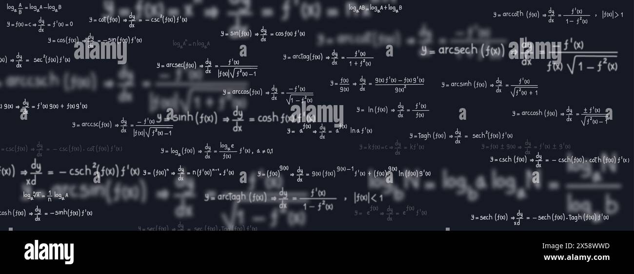 Schulnotizen zu Gleichungen und Formeln von Logarithmen, Derivaten, trigonometrisch, logarithmisch, hyperbolisch und invers auf schwarzem Hintergrund Stock Vektor