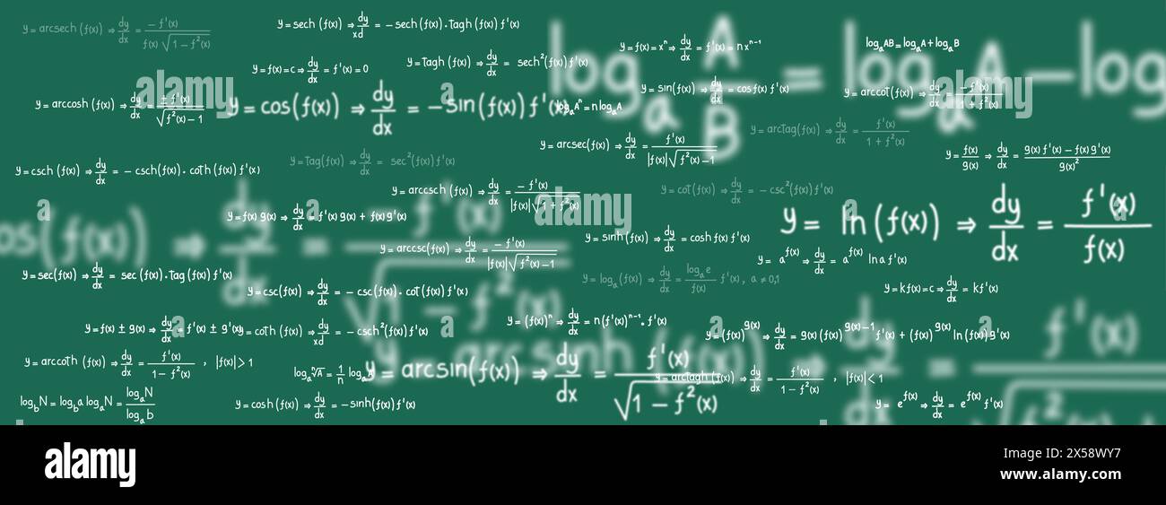 Gleichungen und Formeln von Logarithmen, Derivaten, trigonometrischen, logarithmischen, hyperbolischen und inversen auf grünem Tafelhintergrund Stock Vektor