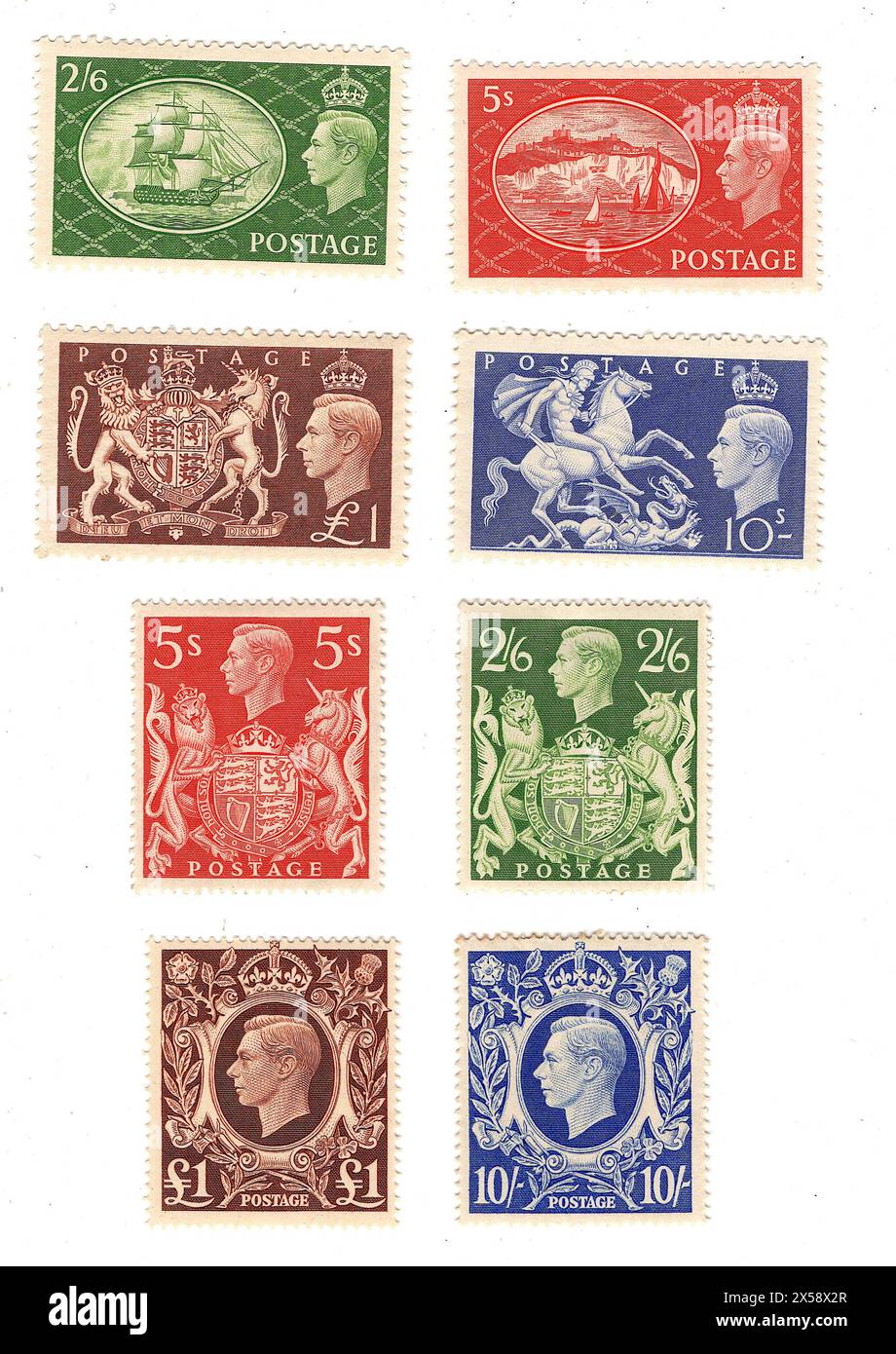 Eine Montage von hochwertigen Münzpostmarken von King George VI aus Großbritannien auf weißem Hintergrund. Stockfoto