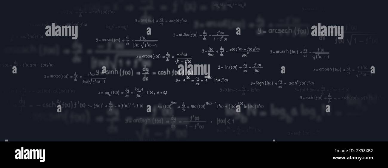 Gleichungen und Formeln von Logarithmen, Derivaten, trigonometrischen, logarithmischen, hyperbolischen und inversen auf schwarzem Hintergrund Stock Vektor