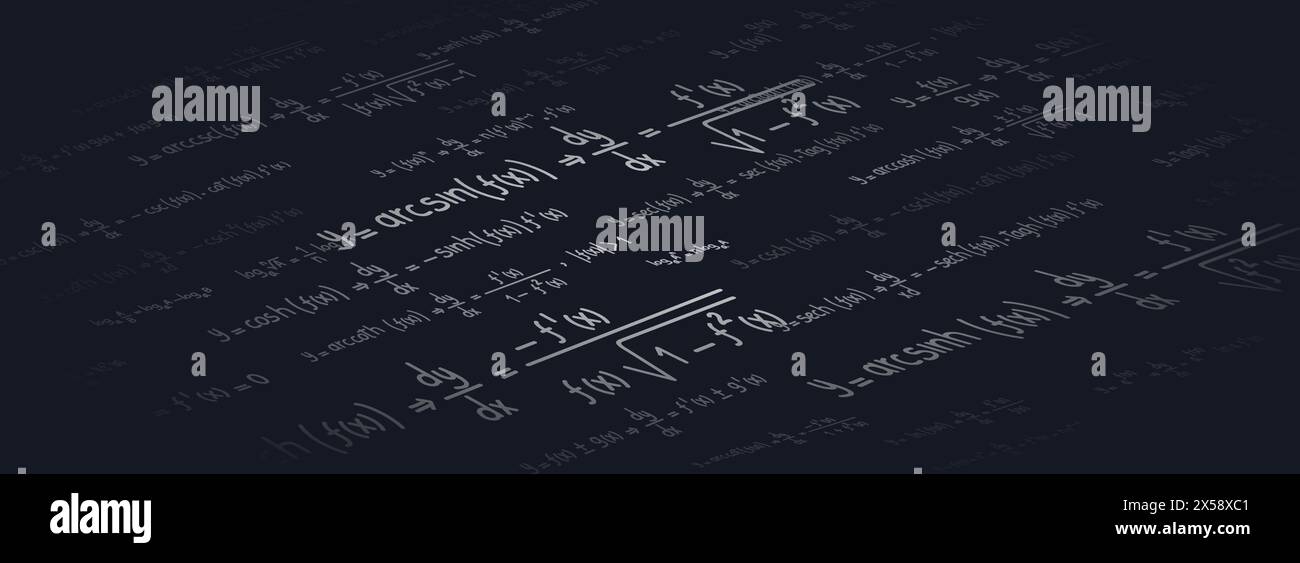 Logarithmische, derivative, trigonometrische, logarithmische, hyperbolische und inverse Gleichungen und Formeln auf schwarzem Hintergrund perspektivisch Stock Vektor