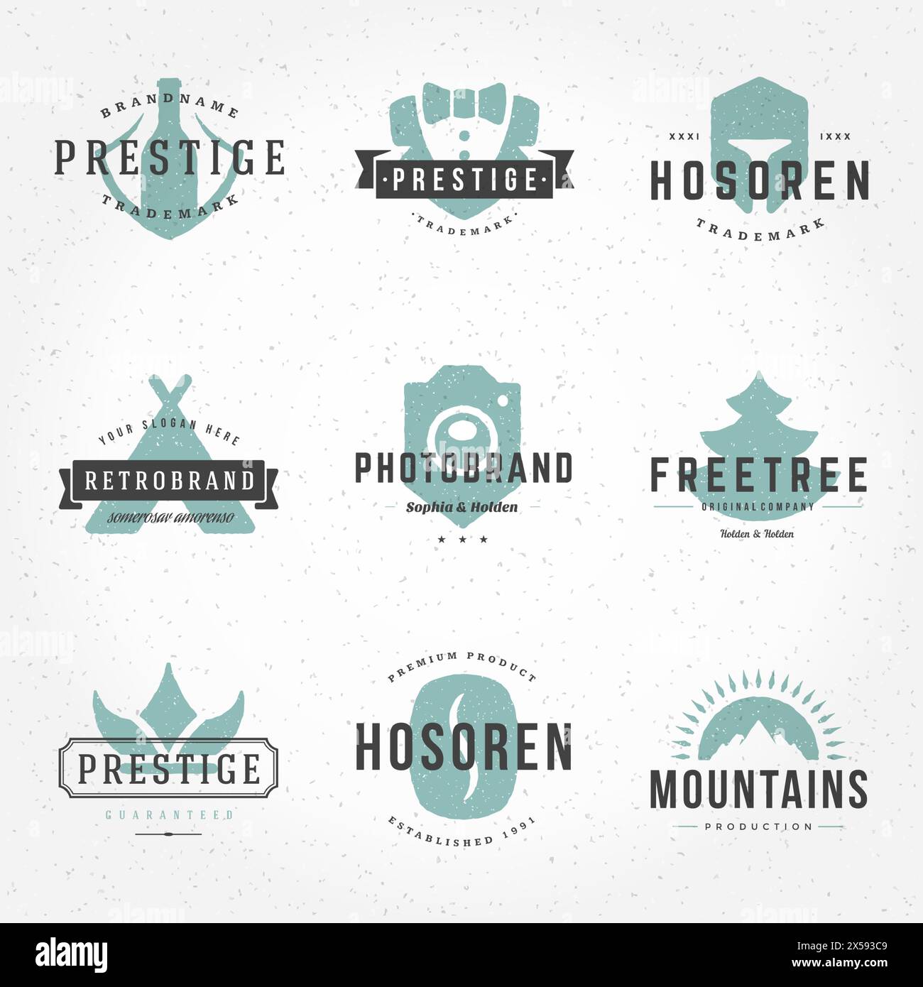 Handgezeichnete Retro-Logos Vektorvorlagen Set. Handgezeichnete Logos, Handgezeichnete Symbole, Handgezeichnete Symbole, Logoelemente, Logovektor, Retro-Logos. Lager L Stock Vektor