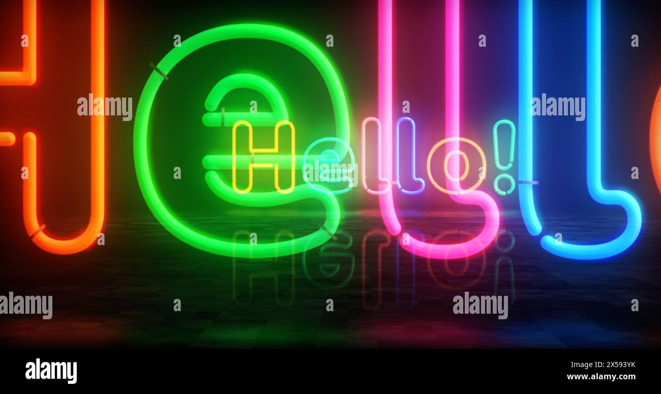 Hallo Neon-Symbol. Fröhliche helle Farblampen. Abstraktes Konzept 3D-Illustration. Stockfoto