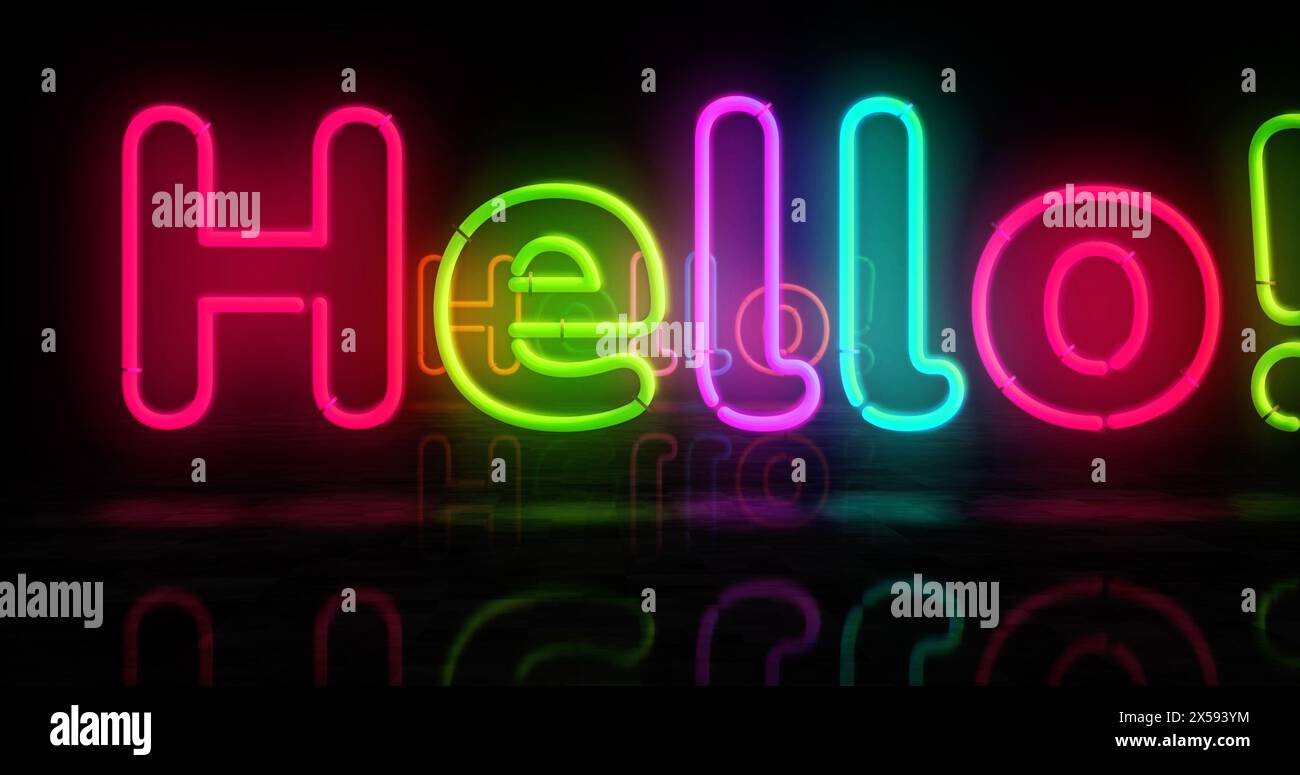 Hallo Neon-Symbol. Fröhliche helle Farblampen. Abstraktes Konzept 3D-Illustration. Stockfoto