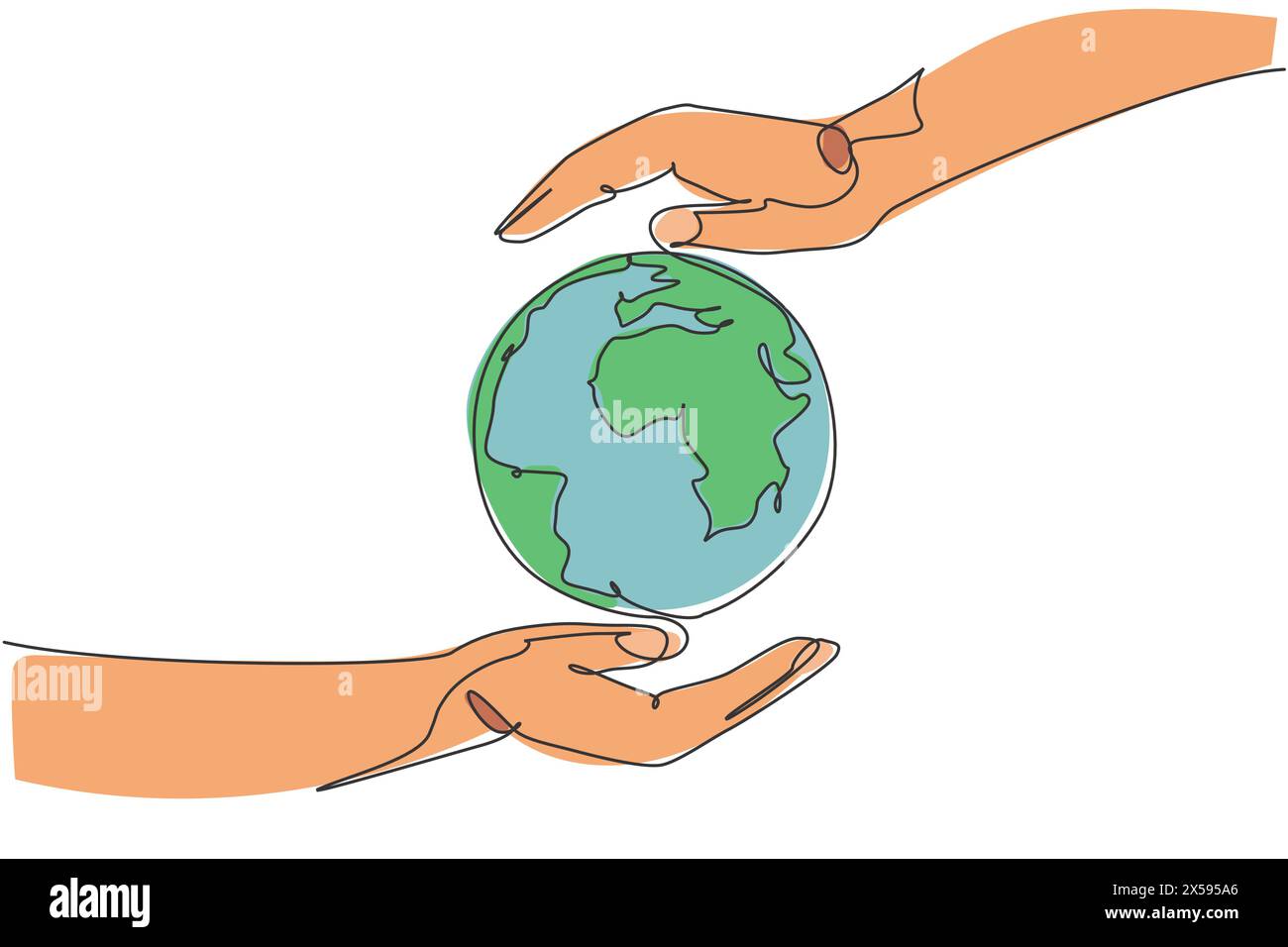 Hand halten Globus Erde. Grafik-Symbol für globale Weltkarte mit einer durchgehenden Linie. Einfaches einzeiliges Doodle für das Konzept der Umweltkampagne. Isolierter Vektor Stock Vektor