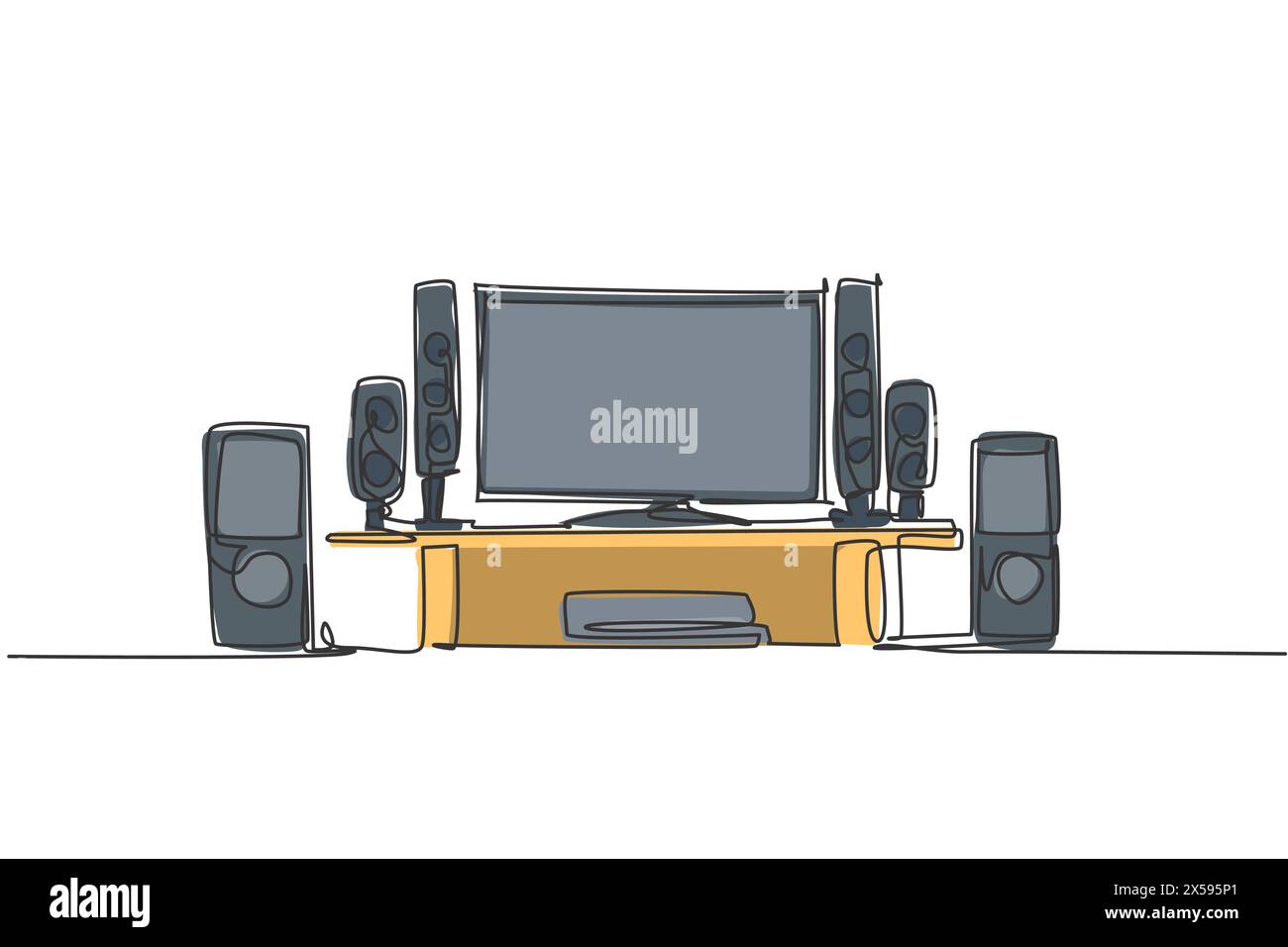 Eine durchgehende Linienzeichnung mit luxuriösem Home Entertainment-System. Elektrizität Wohnzimmermöbel Gadget Template Konzept. Trendige einzeilige d Stock Vektor