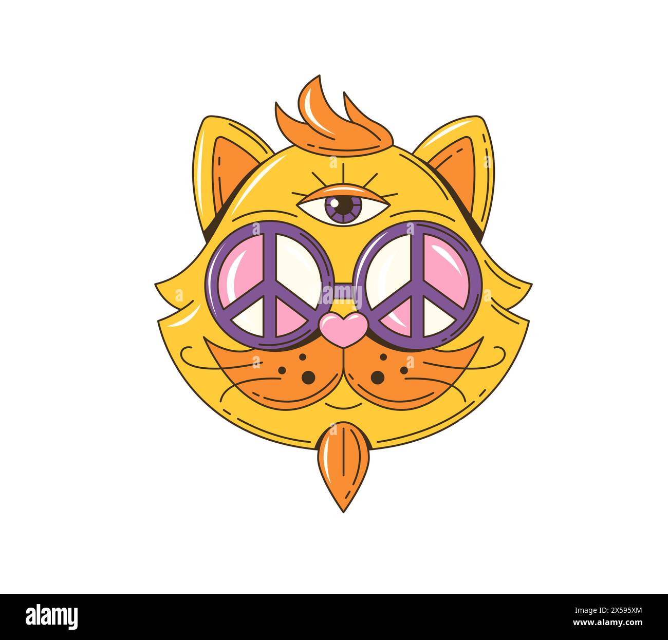 Cartoon groovige Hippie Katze Figur in 70er Jahre Retro Art, Vektor funky Gesicht. Groovige Katze in Sonnenbrille mit Friedenszeichen und drittem Auge im Kopf, Hippie-Art-Zeichentrickfilm der 70er Jahre in positiver Stimmung Stock Vektor