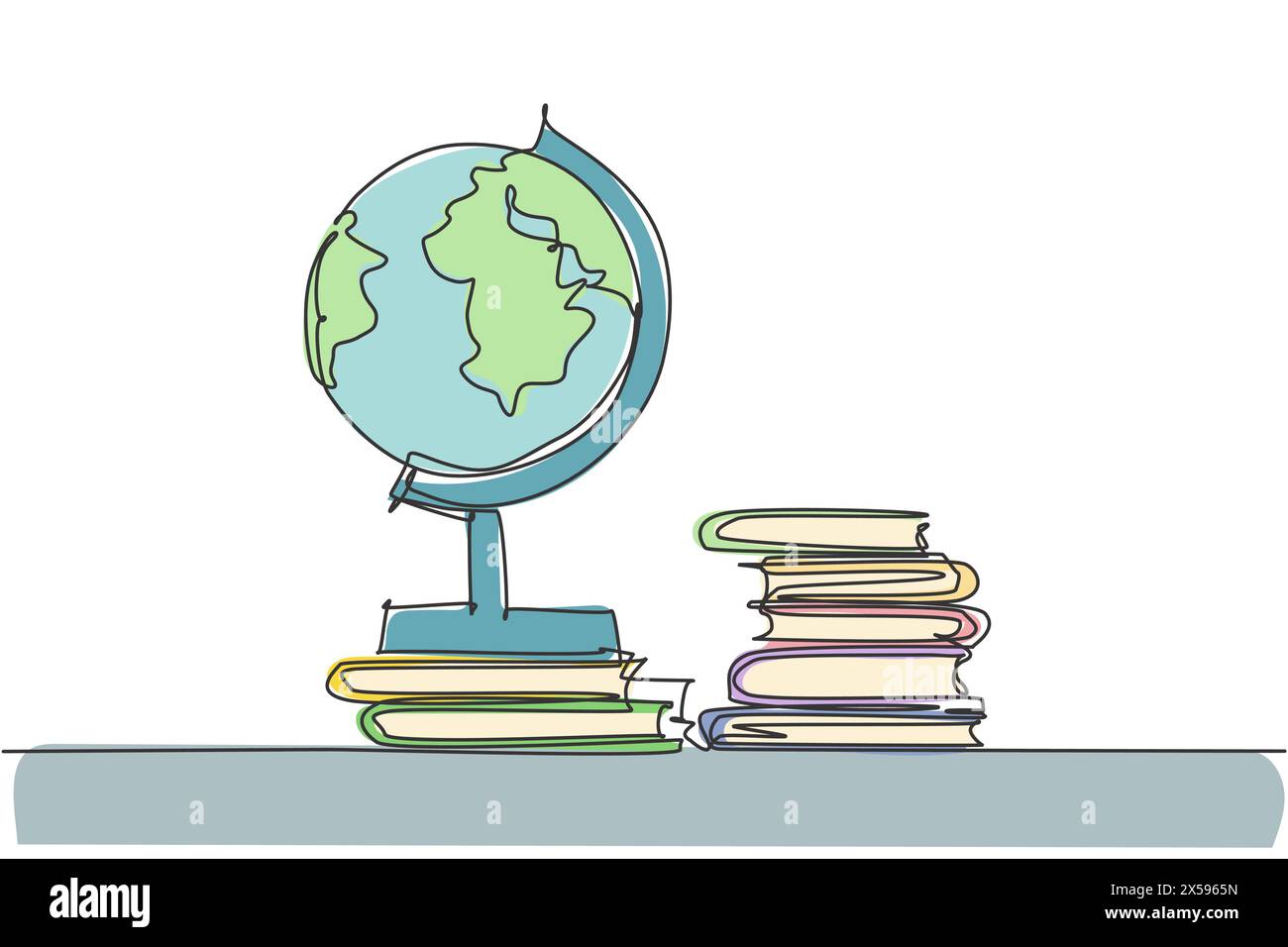 Eine einzige einzeilige Zeichnung der Kugel und des Stapels Bücher. Erd- und Buchgrafik für das Bildungskonzept. Infografiken, Schulpräsentation isoliert auf weiß Stock Vektor