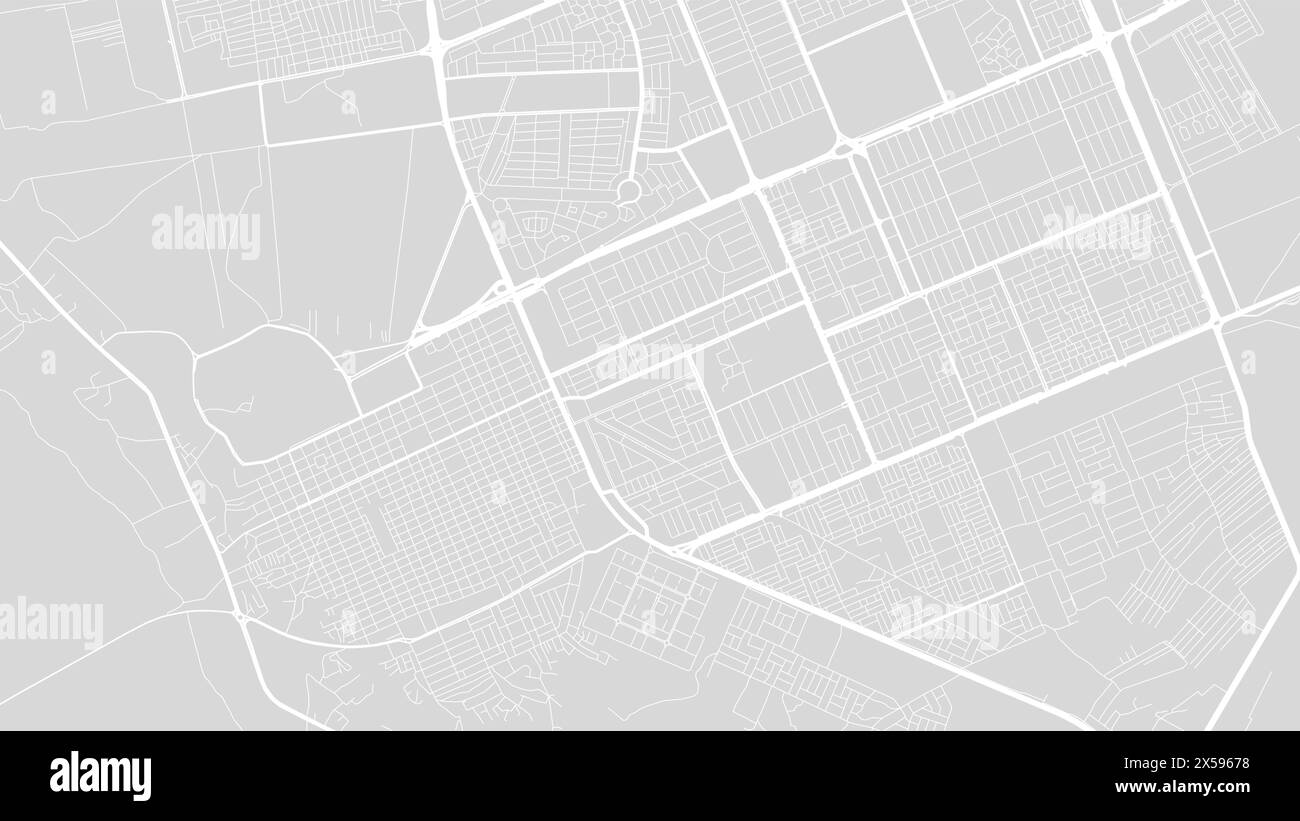 Hintergrund Najaf-Karte, Irak, weißes und hellgraues Stadtposter. Vektorkarte mit Straßen und Wasser. Breitbild-Proportionalformat, Digital Flat Design Roadmap. Stock Vektor