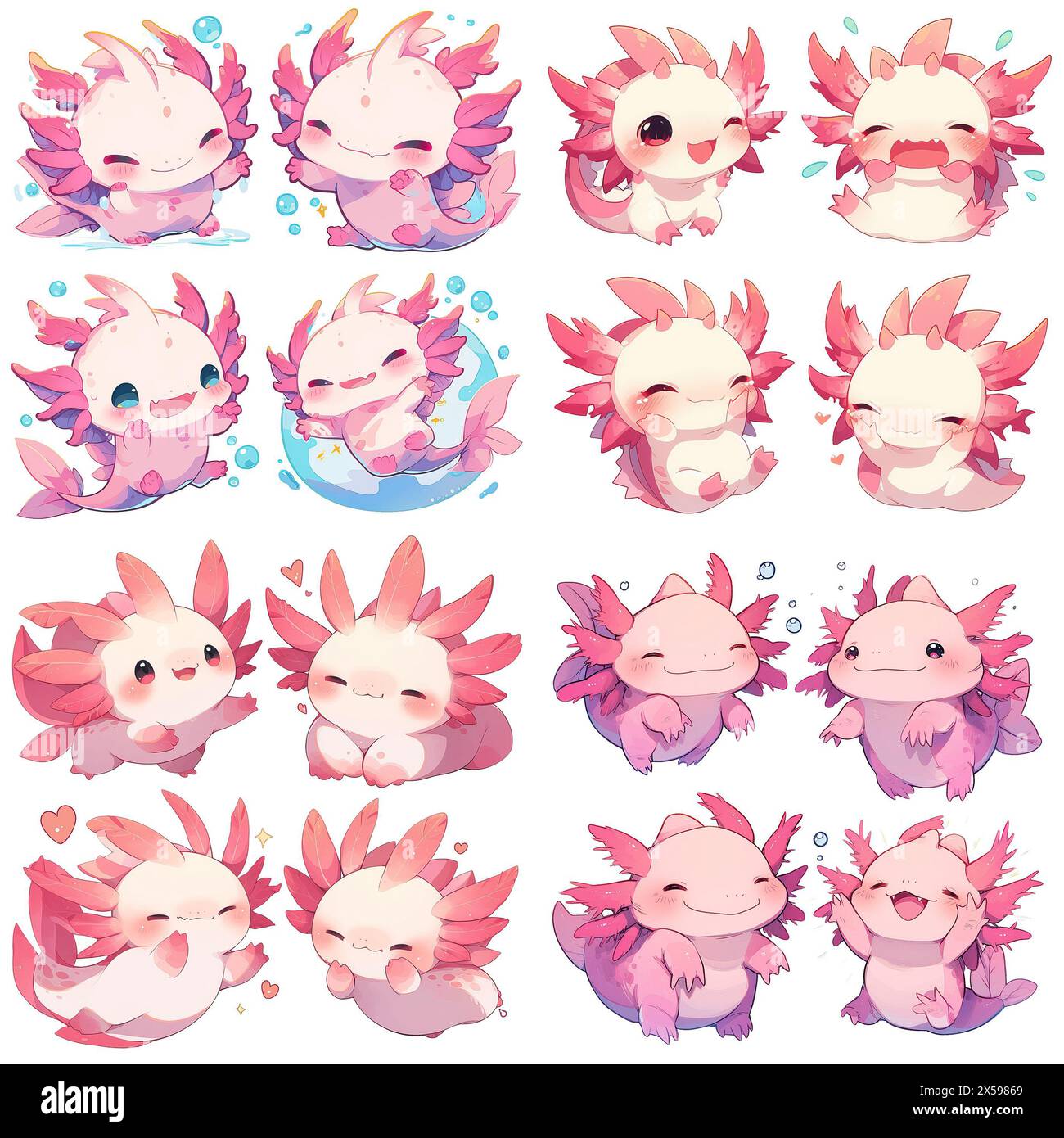 Lustiger Axolotl Charakter in verschiedenen Posen Set Emotes Aufkleber niedliche Kawaii entzückende Kinder Kinder Pastellfarben Logo Emoji Stockfoto