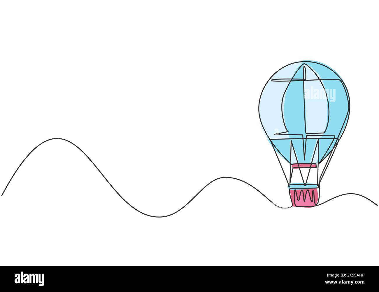 Durchgehende einzeilige Zeichnung eines Heißluftballons mit Streifenmuster und einem Passagierkorb. Unterhaltsames Flugerlebnis am Himmel mit der Familie. Sünde Stock Vektor