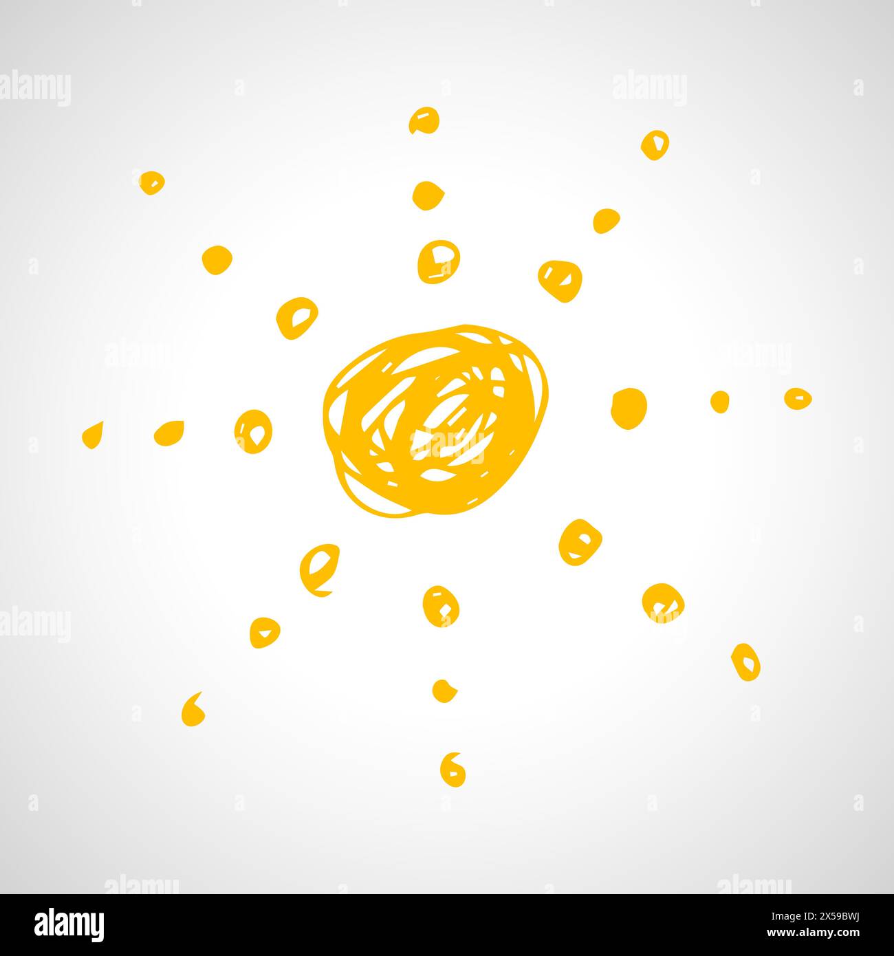Handgezeichnete Sonne. Einfache Skizzensonne. Sonnensymbol. Gelbes Doodle isoliert auf weißem Hintergrund. Vektorabbildung. Stock Vektor