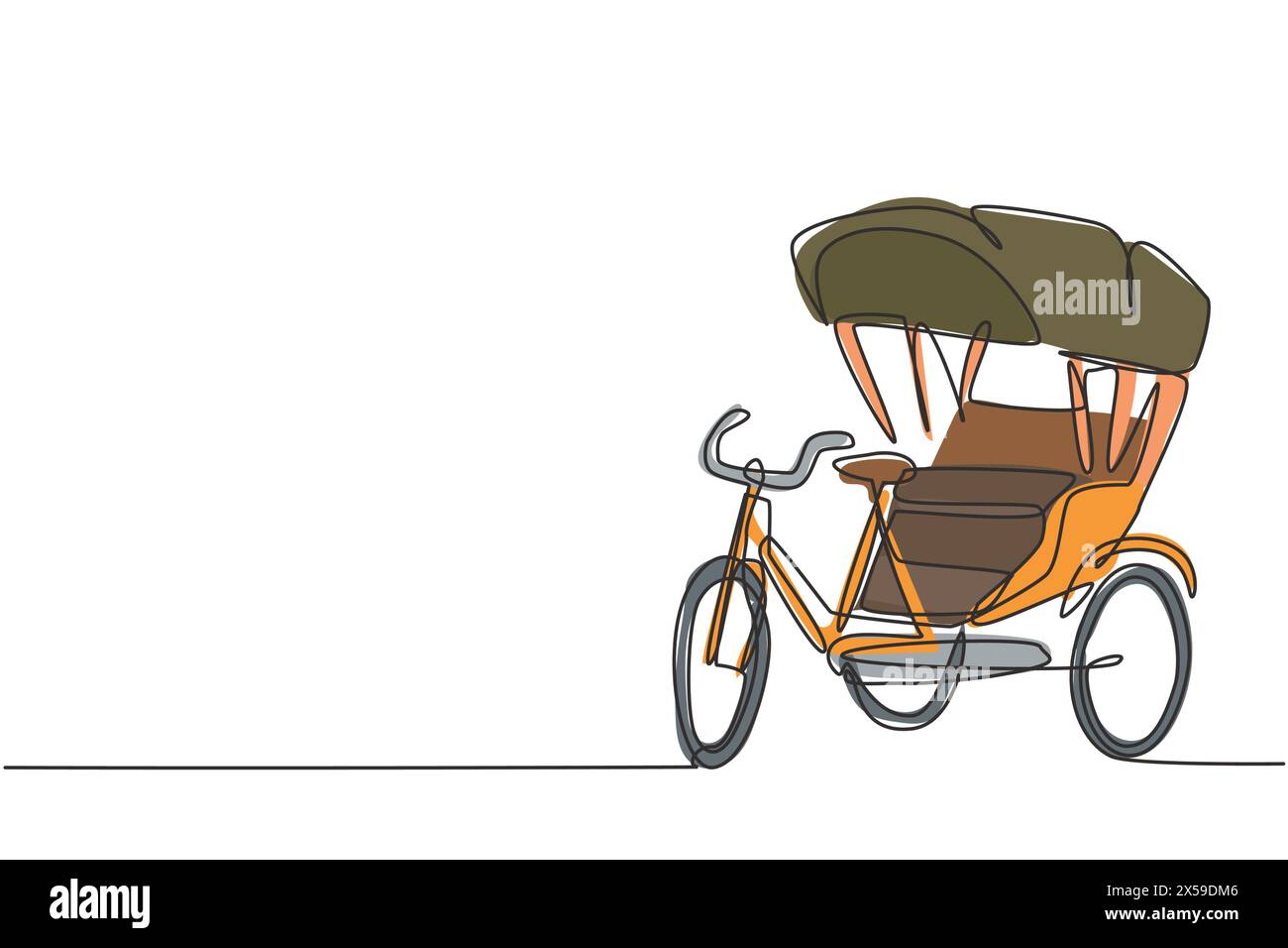 Eine einzeilige Zeichnung einer Fahrrad-Rikscha mit drei Rädern und einem Fond-Beifahrersitz ist ein altes Fahrzeug in mehreren asiatischen Ländern. Modernes Kontinuum Stock Vektor