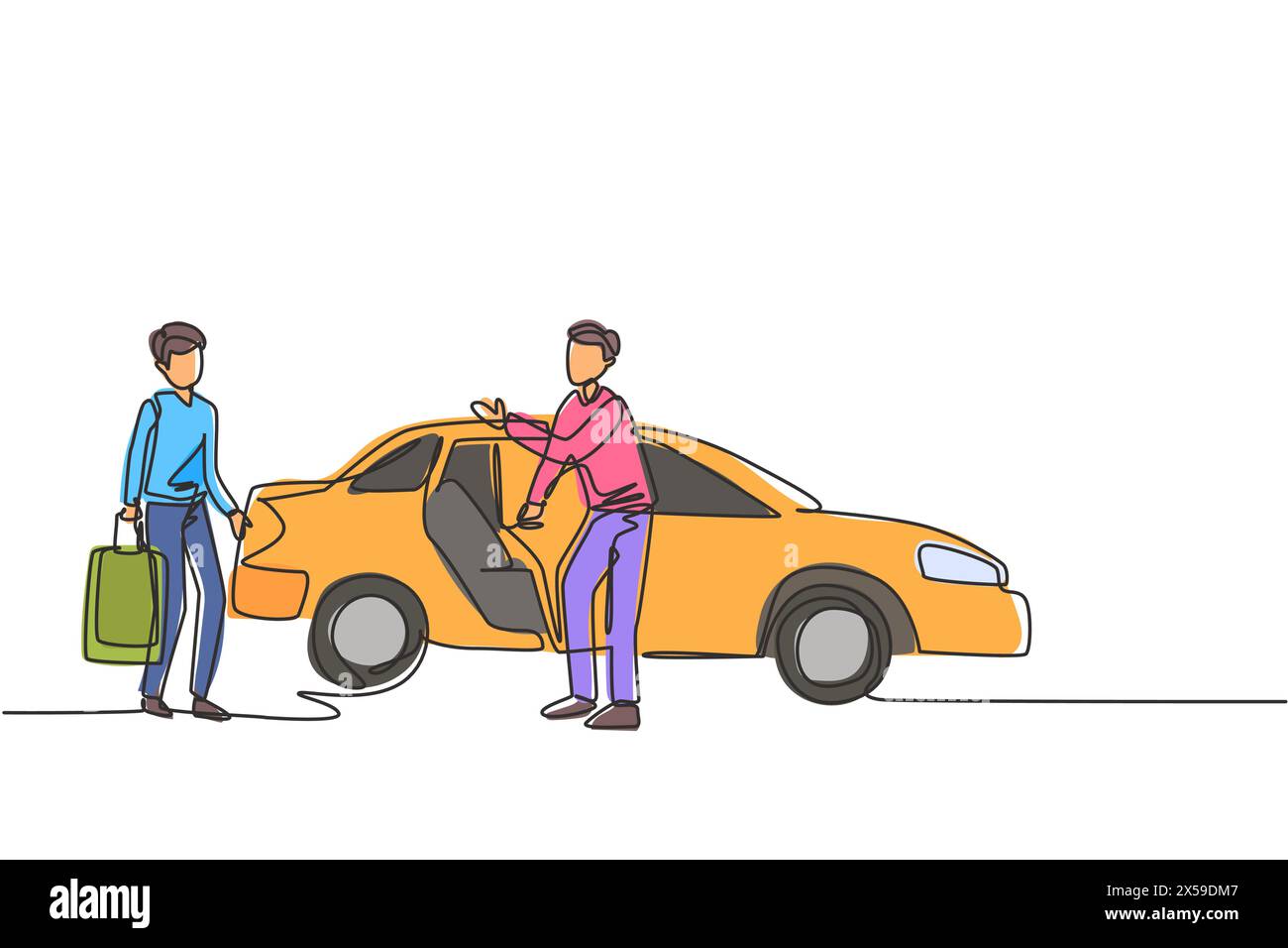 Eine einzige Zeichnung von männlichen Taxifahrern lädt potenzielle Passagiere ein, hineinzusteigen und sie an ihr Ziel zu bringen. Moderner Continuou Stock Vektor