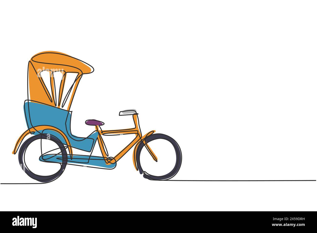 Eine einzelne durchgehende Linie, die die Fahrrad-Rikscha von der Seite aus zeigt, zieht den dahinter sitzenden Beifahrer mit einem Fahrradpedal. Touristenfahrzeug. Eins Stock Vektor