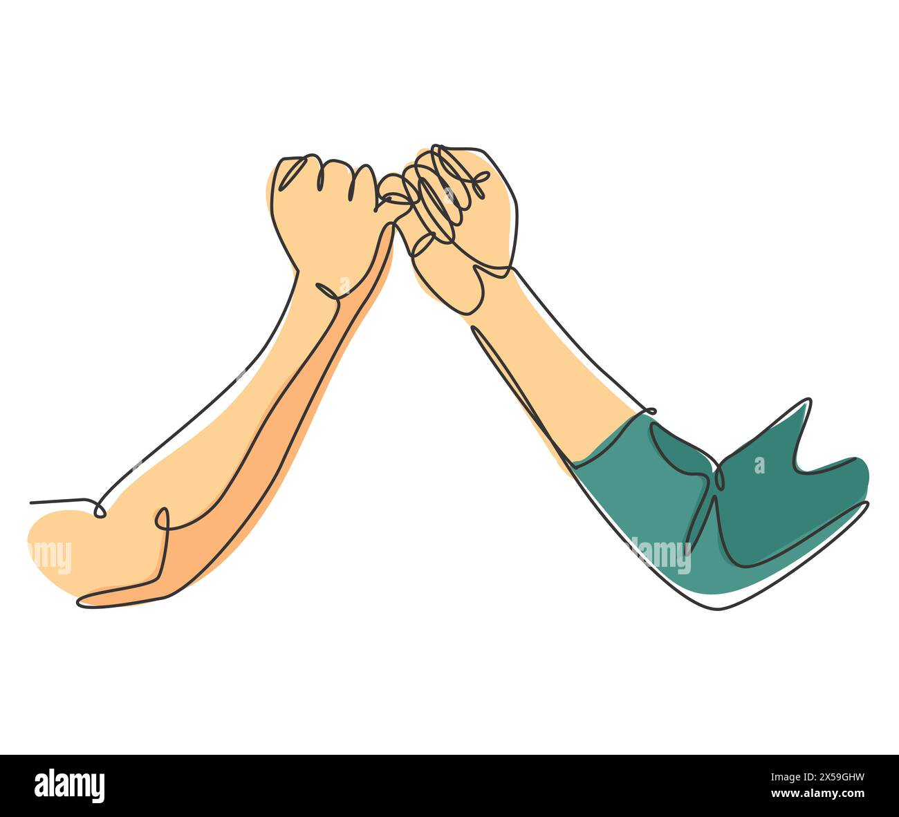 Eine Linienzeichnung von zwei Händen Haken sich ihre kleinen Finger ein. Freundschaft Bindung in kontinuierlichen Linie Zeichnung Design-Stil. Promise Concept Vektor gr Stock Vektor