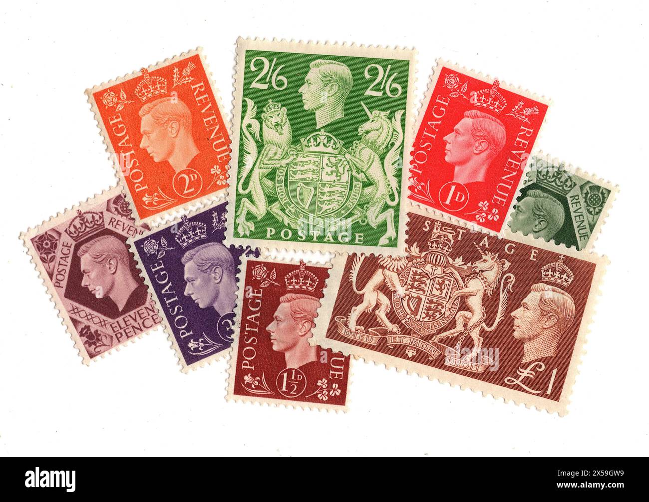 Eine Montage von Briefmarken von König George VI. Aus Großbritannien auf weißem Hintergrund. Stockfoto