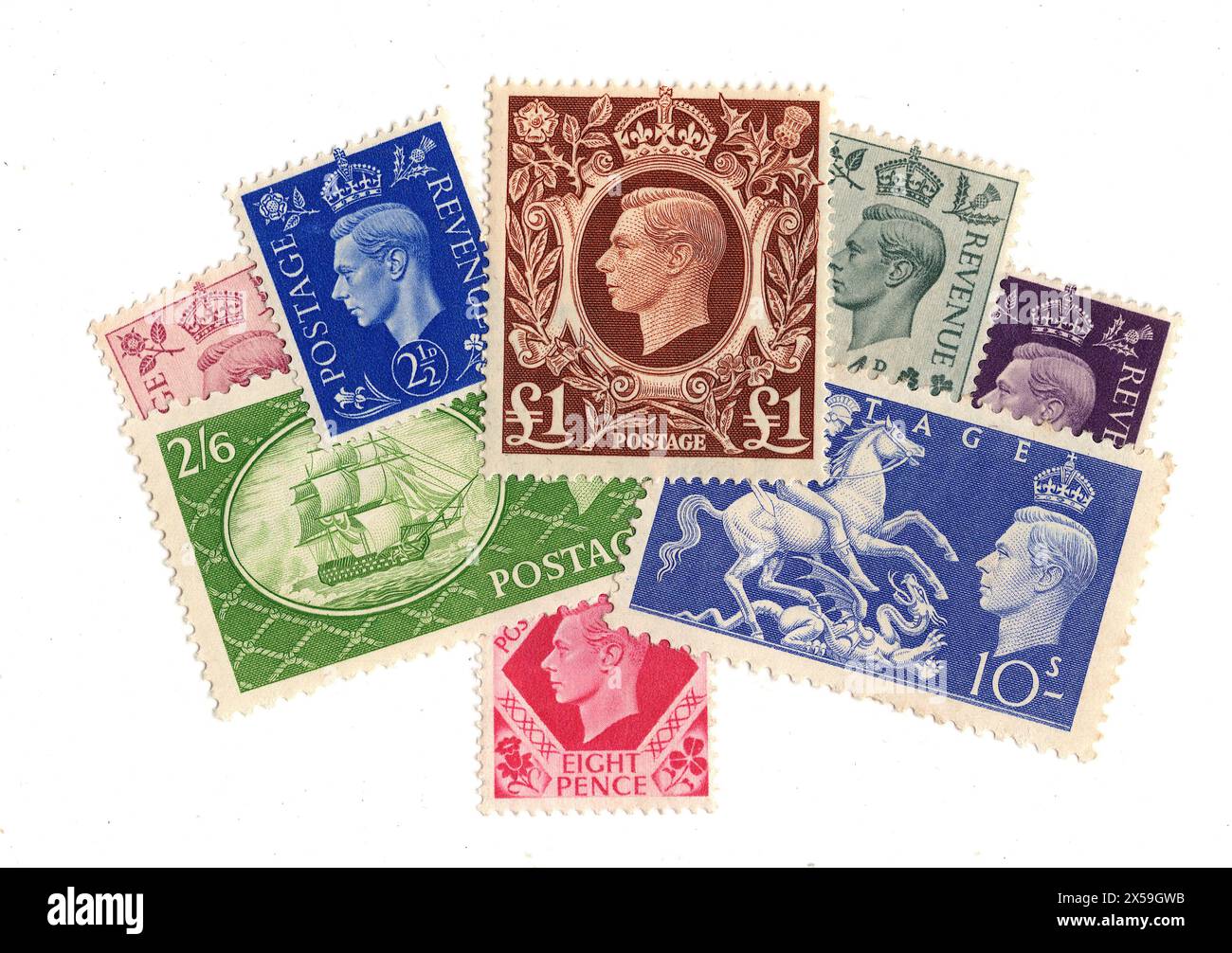 Eine Montage von Briefmarken von König George VI. Aus Großbritannien auf weißem Hintergrund. Stockfoto