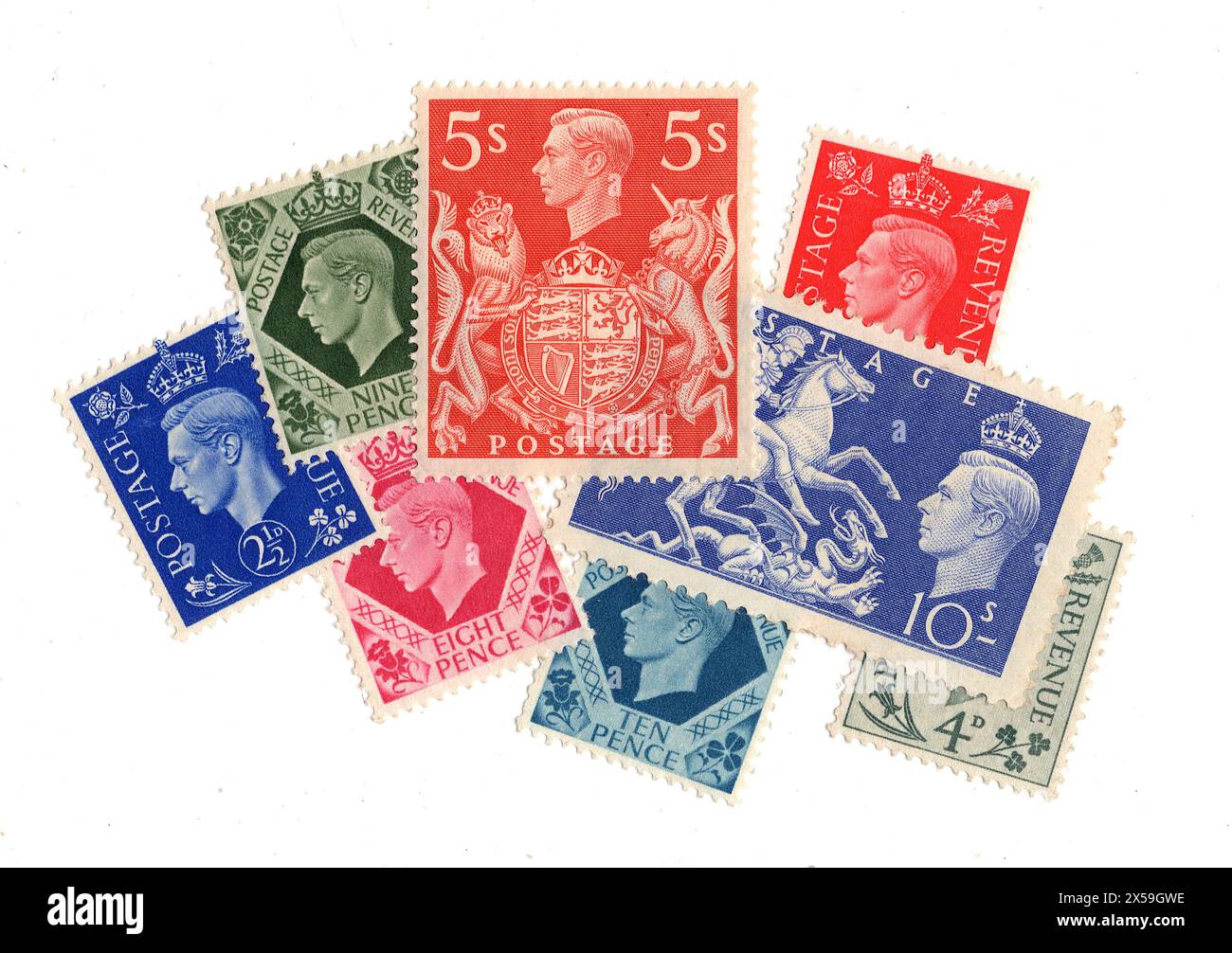 Eine Montage von Briefmarken von König George VI. Aus Großbritannien auf weißem Hintergrund. Stockfoto