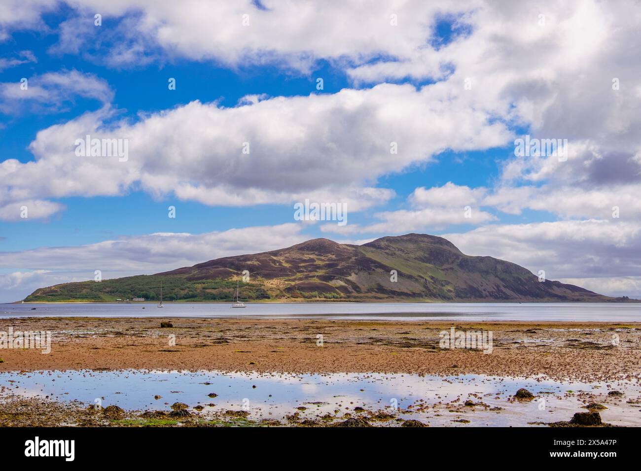 Blick über das ruhige Meer auf Holy Island vor der Küste von Lamlash, Isle of Arran, North Ayrshire, Strathclyde, Schottland, Großbritannien, Großbritannien, Europa Stockfoto