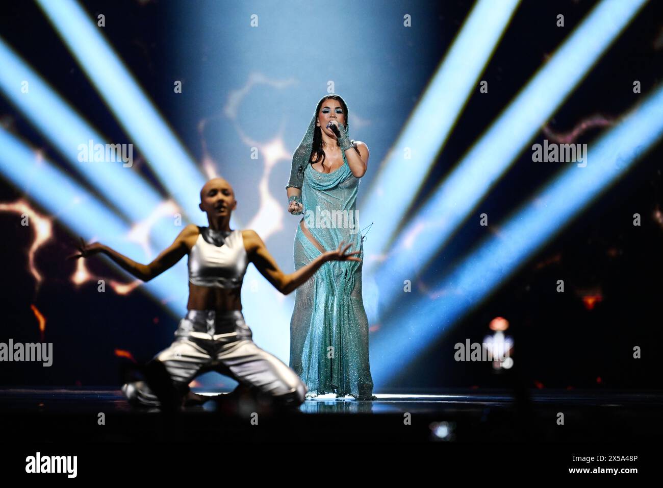 Besa repräsentierte Albanien mit dem Song Titan während der ersten Probe vor dem zweiten Halbfinale der 68. Ausgabe der Eurovision Song Con Stockfoto