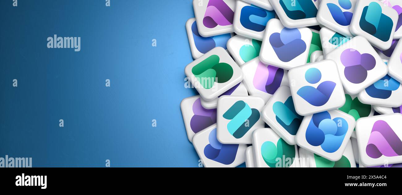 Logos der Microsoft Employee Experience-Plattform Viva Suite und ihrer wichtigsten Services Amplify, Connections, Engage, Goals, Insights, lernen, Puls, S Stockfoto