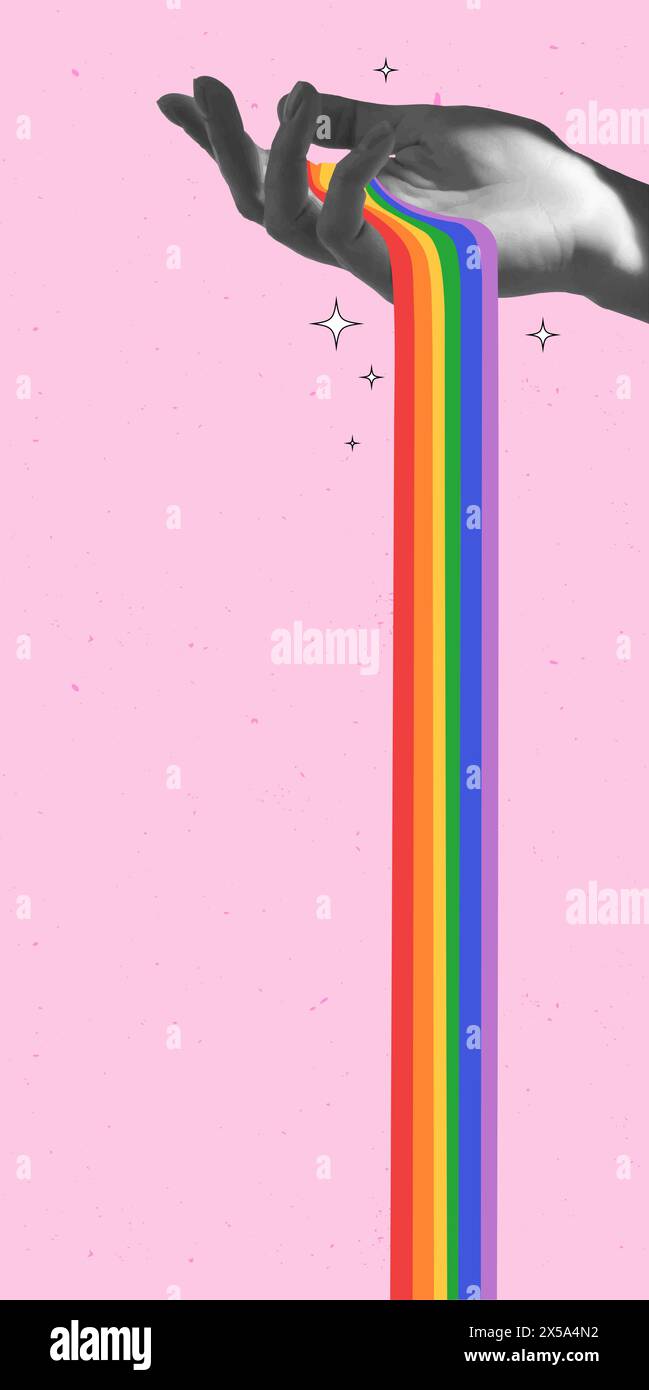 Farbenfrohe Regenbogenspritzer von der Hand, die die Botschaft der LGBTQ-Community von Inklusion und Liebe für alle vor rosafarbenem Hintergrund repräsentieren. Zeitgenössische Kunst Stock Vektor