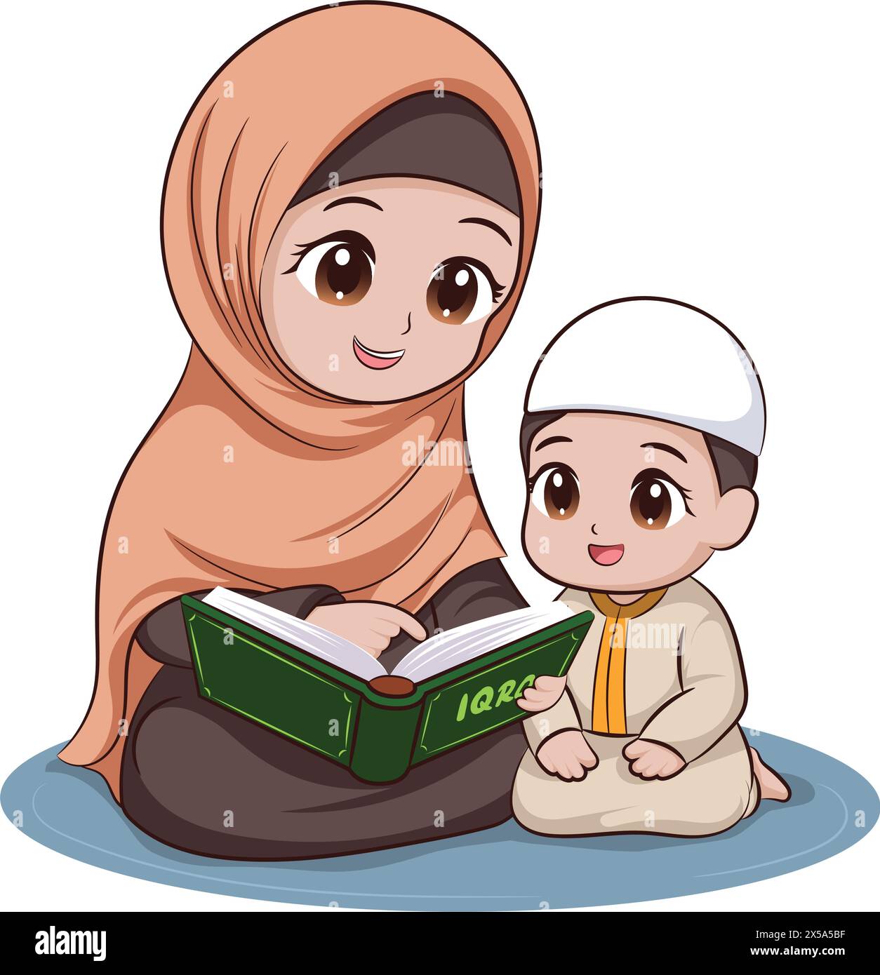 Eine muslimische Mutter lehrt ihrem Sohn das Lesen des Korans. Darstellung der Aktivitäten im Monat Ramadan Stock Vektor