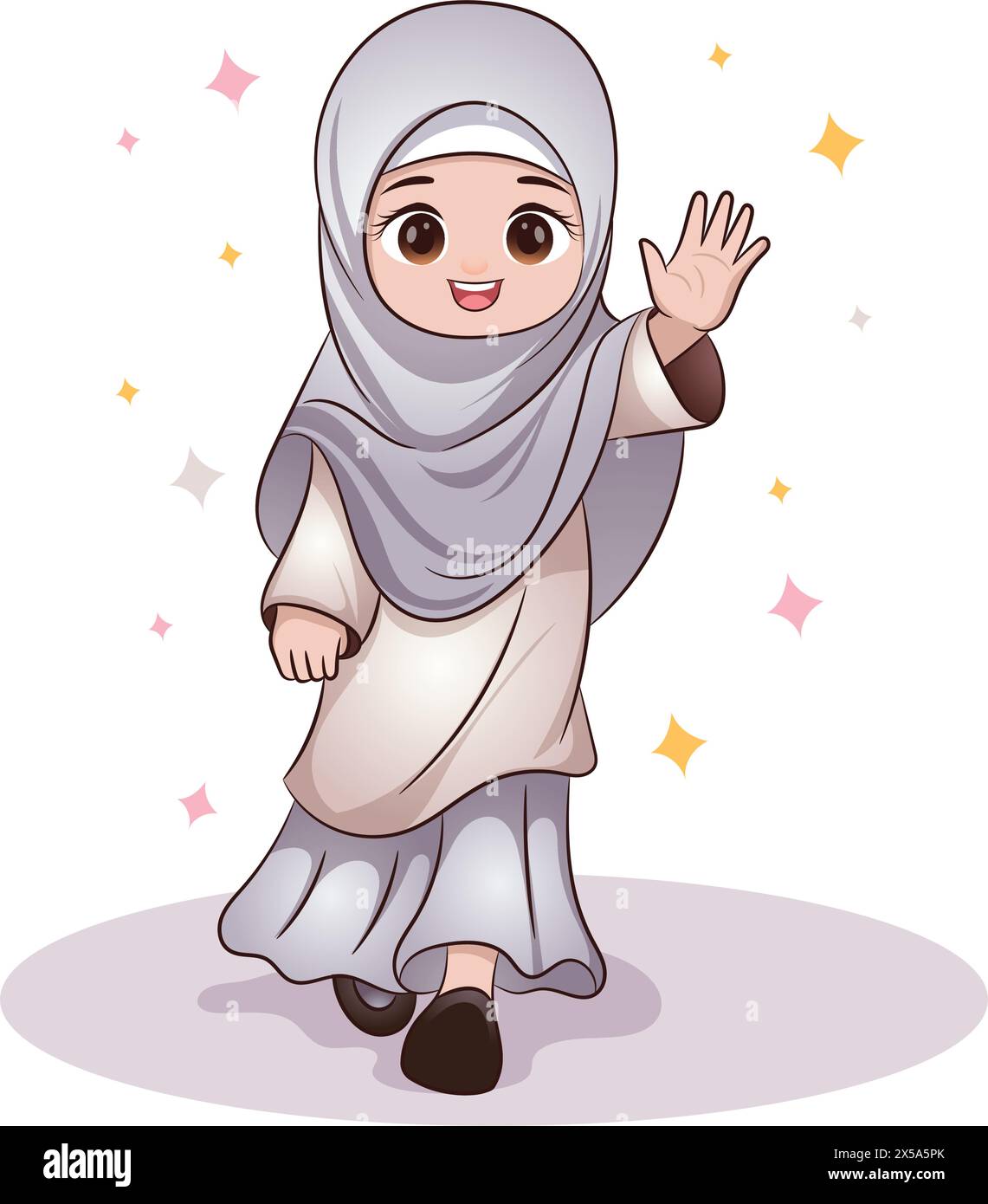 Muslimische Mädchen, die begeistert laufen, lächeln und winken, schöne muslimische Hijabs tragen, im Monat Ramadan fasten Stock Vektor