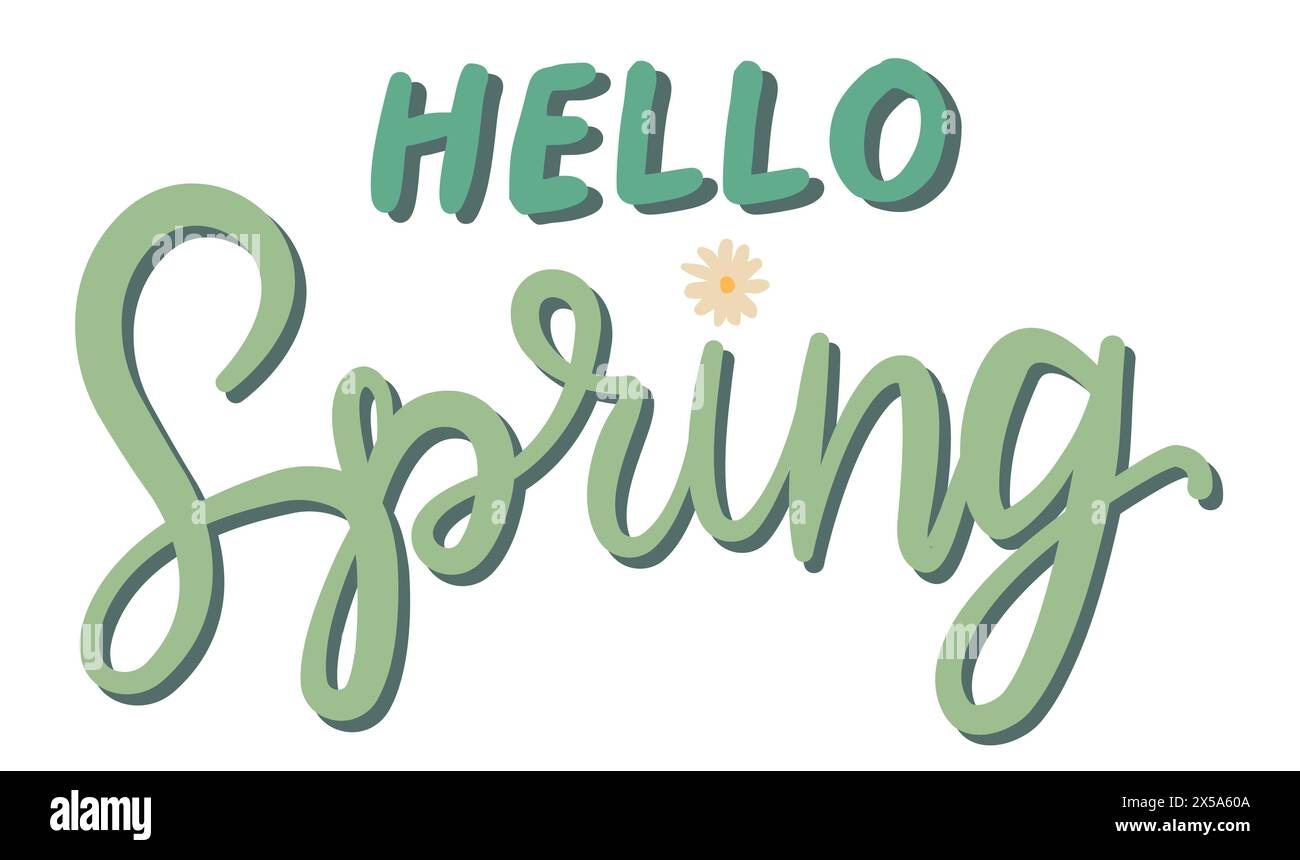 Hallo Frühlingsvektorbeschriftung auf weißem Hintergrund. Handgeschriebenes Designelement für Karte, Poster. Moderne Kalligraphie für Frühlingsdesign. Blumendesign e Stock Vektor